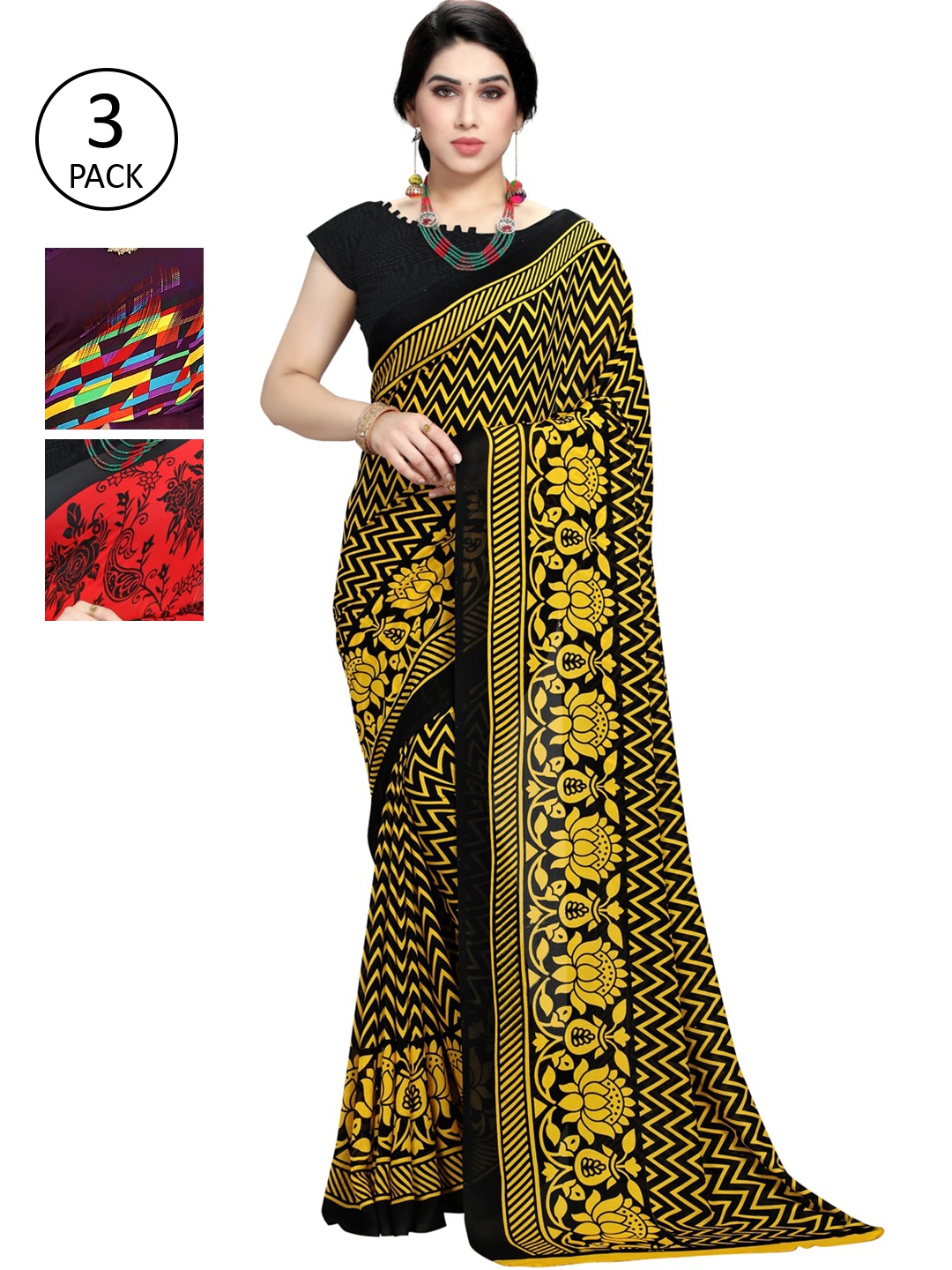 

KALINI Pack Of 3 Printed Saree, Black