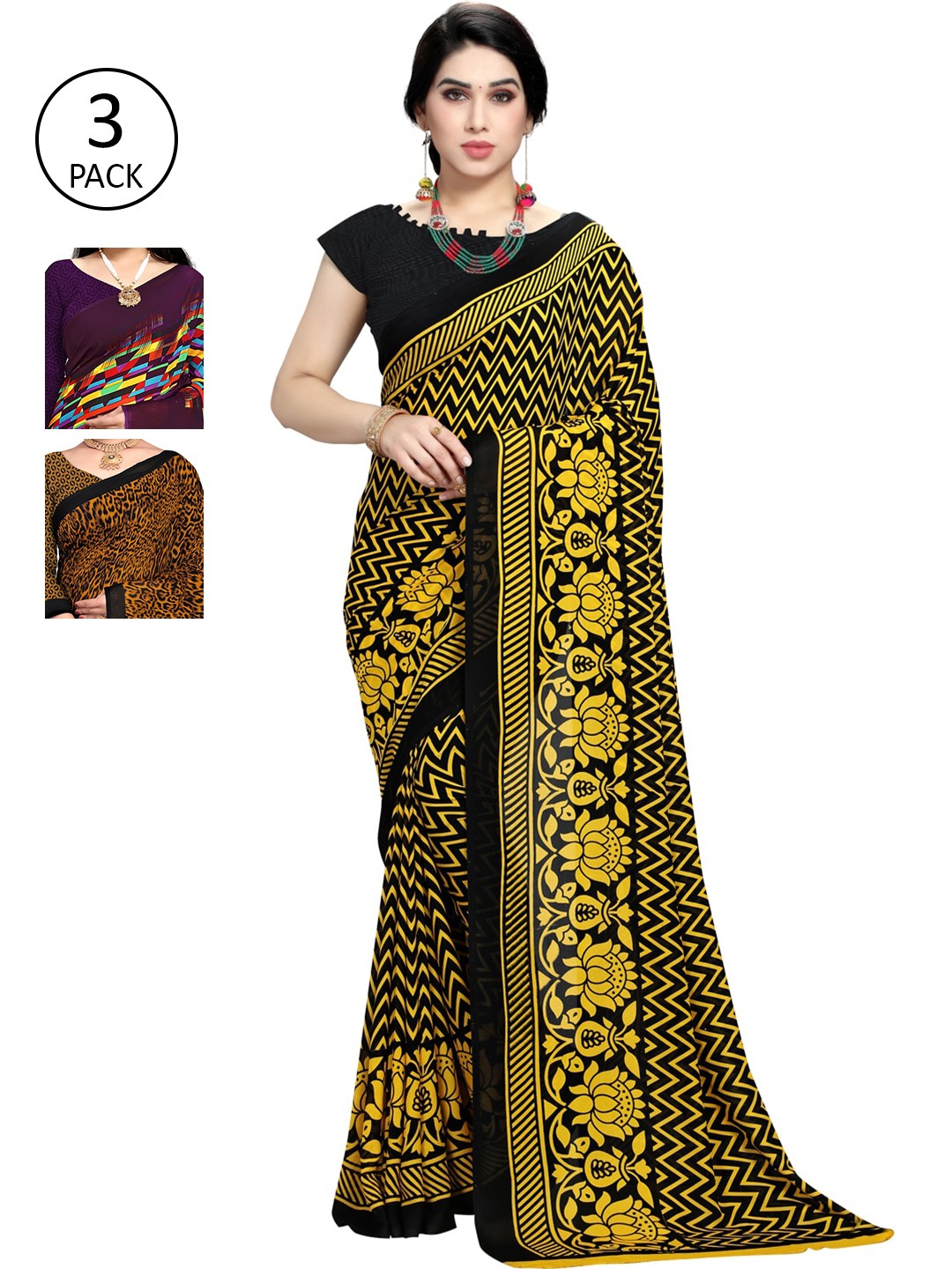 

KALINI Pack Of 3 Printed Sarees, Yellow