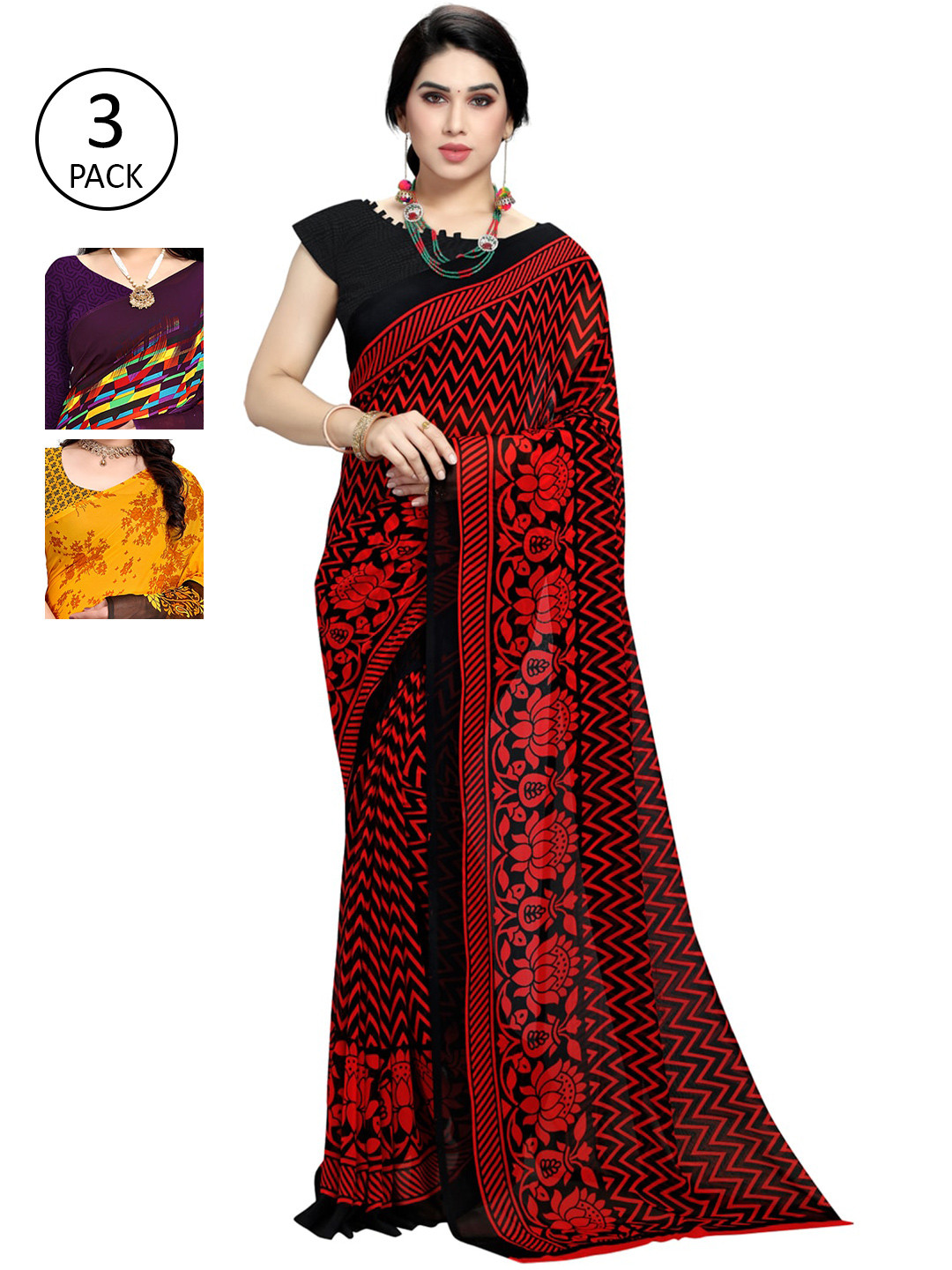 

KALINI Pack Of 3 Printed Saree, Red