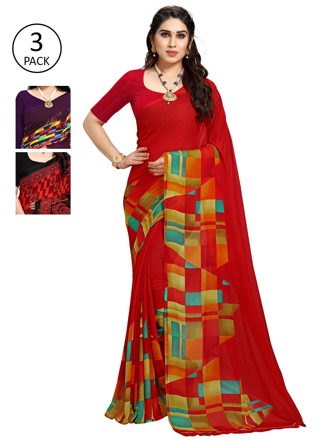 

KALINI Pack Of 3 Printed Sarees, Red