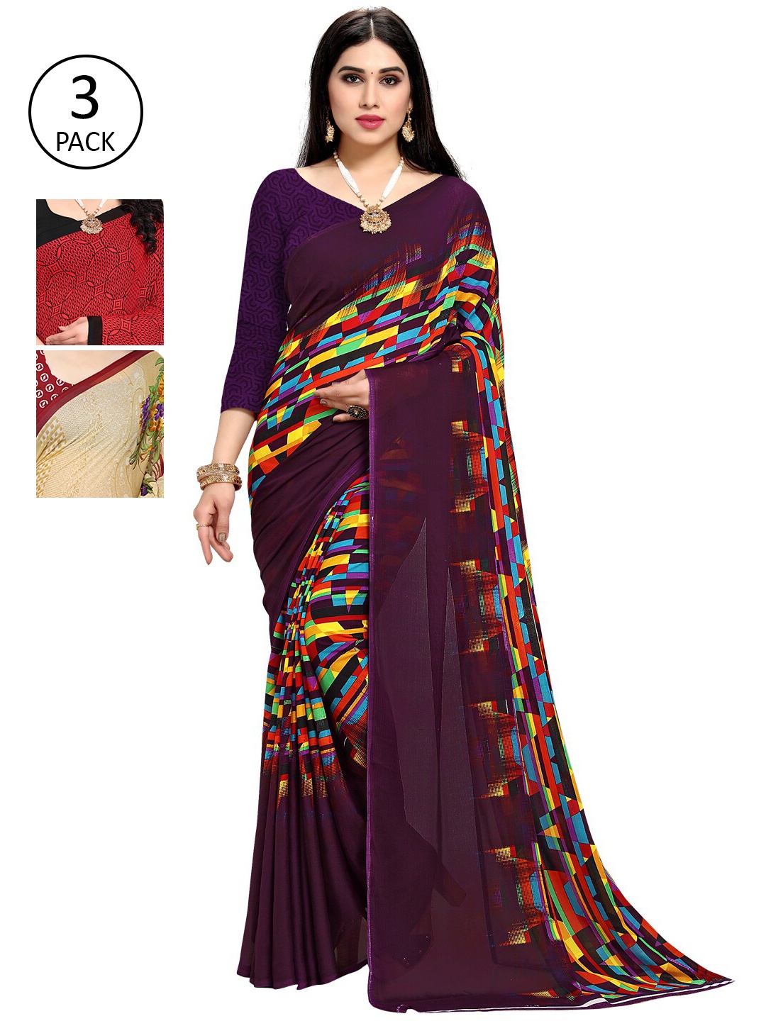 

KALINI Pack Of 3 Multicoloured Printed Sarees, Multi
