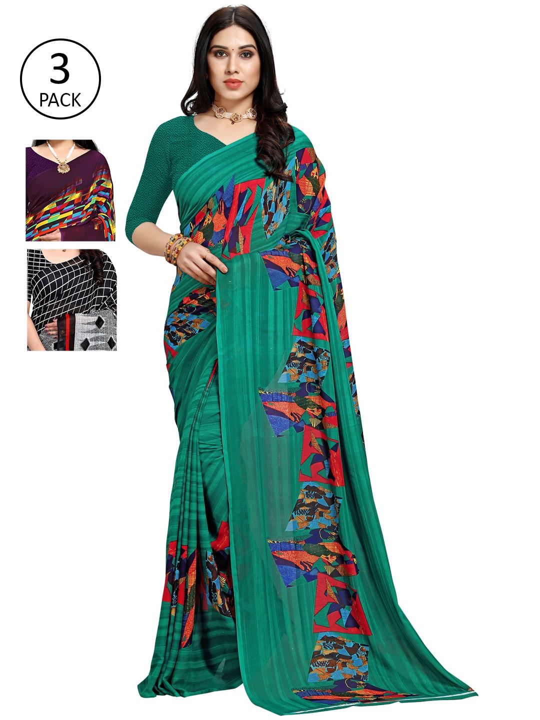 

KALINI Pack Of 3 Printed Sarees, Grey