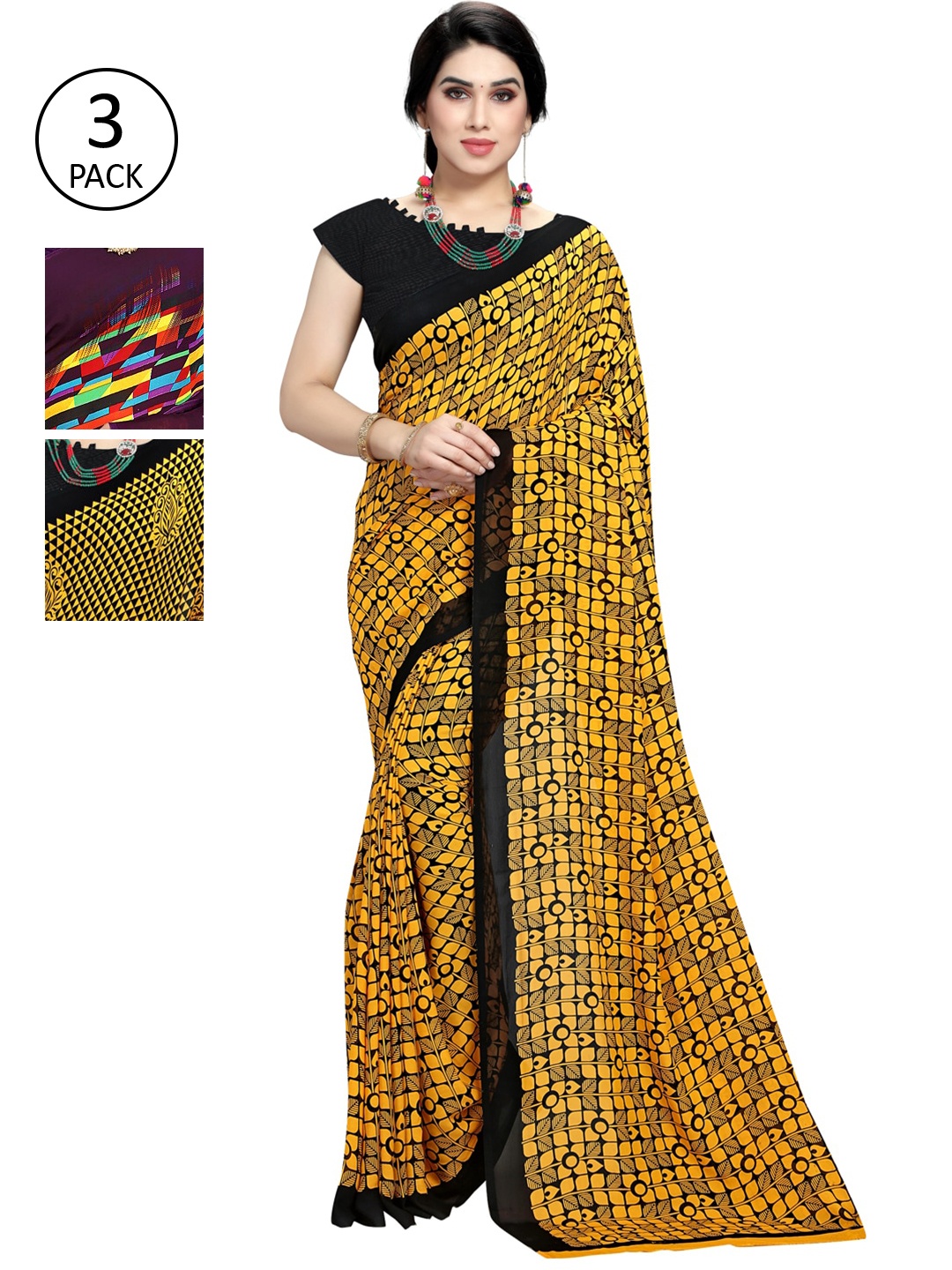 

KALINI Pack Of 3 Printed Saree, Yellow