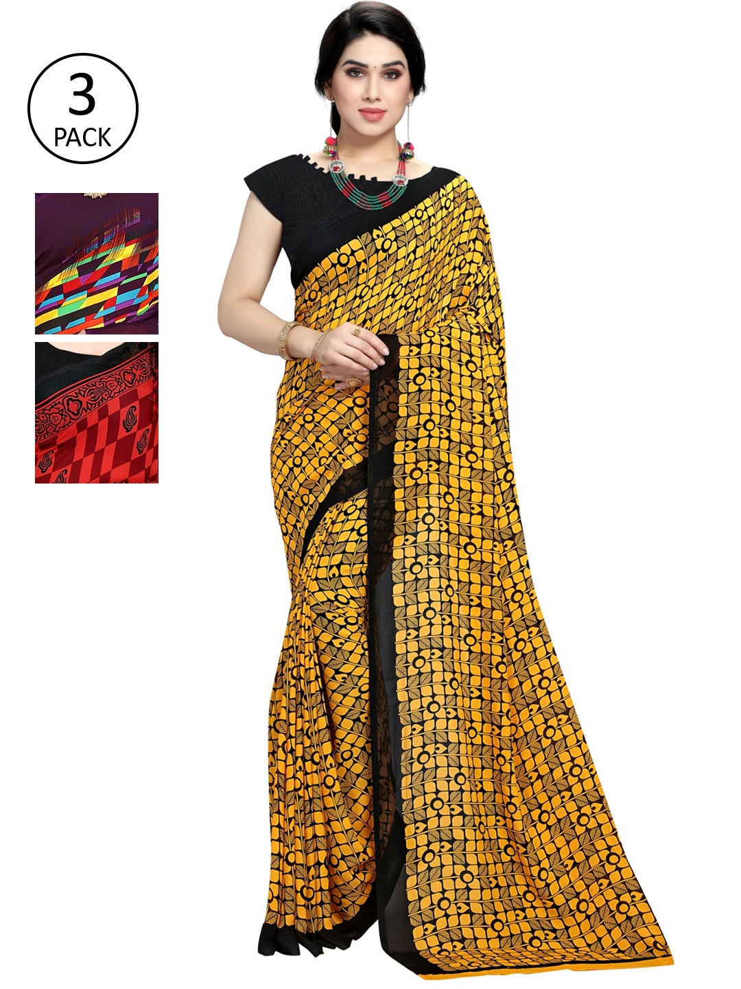 

KALINI Pack Of 3 Printed Saree, Yellow