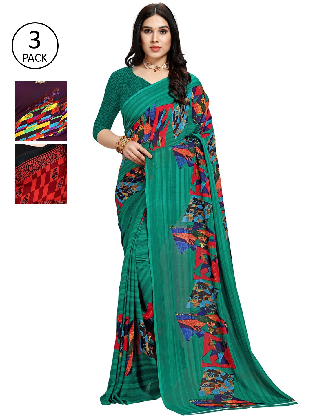 

KALINI Pack Of 3 Printed Saree, Green