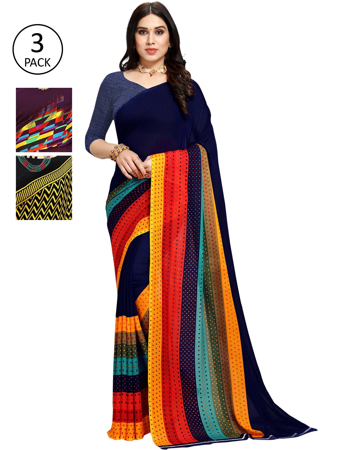 

KALINI Pack Of 3 Printed Saree, Navy blue