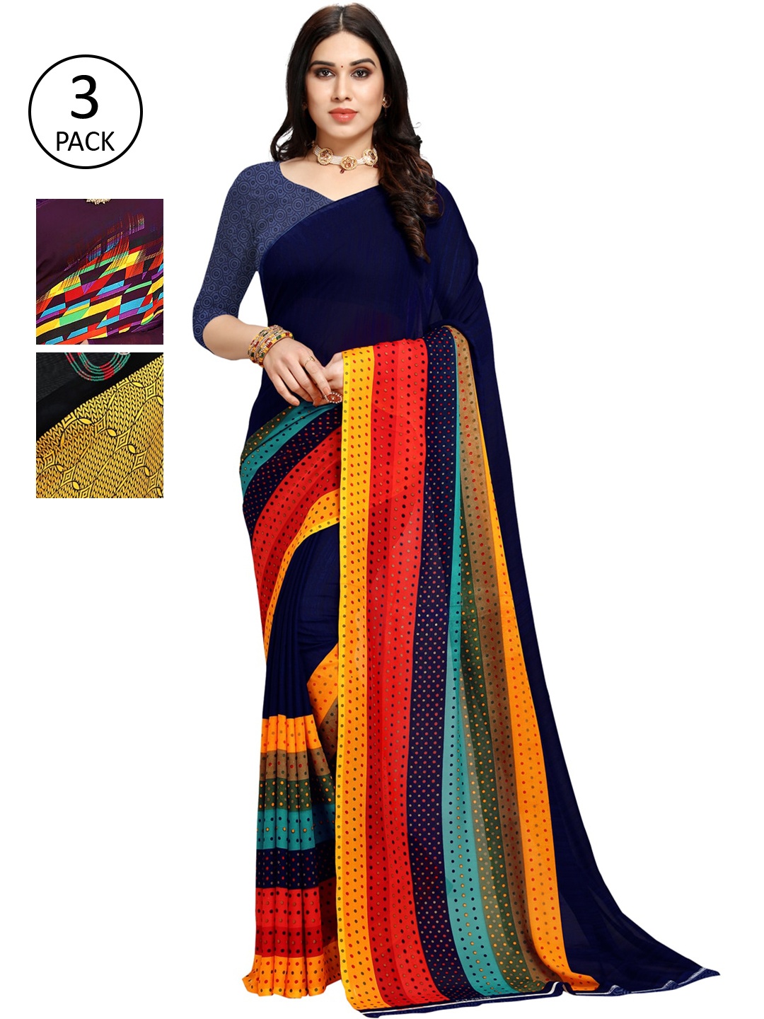 

KALINI Pack Of 3 Printed Saree, Black
