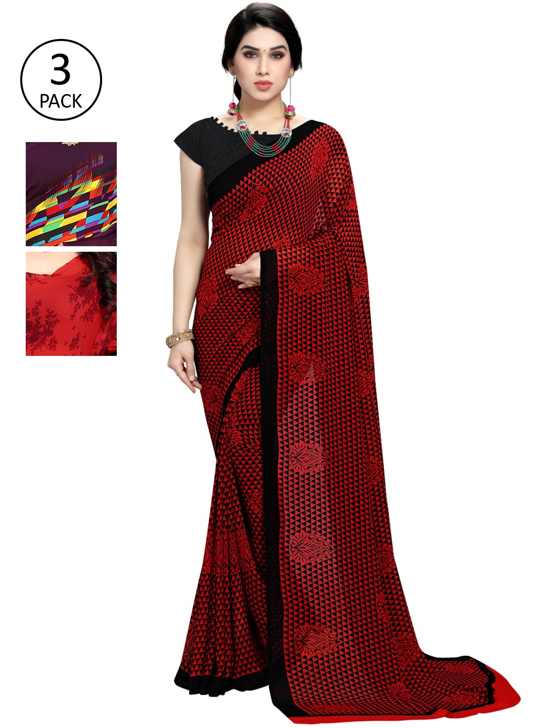 

KALINI Pack Of 3 Printed Sarees, Red