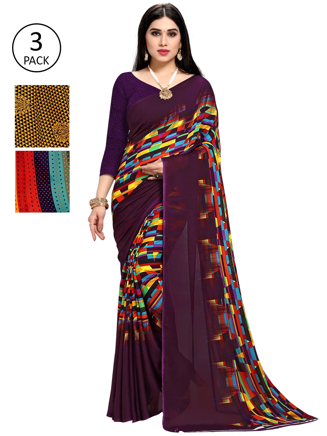 

KALINI Pack Of 3 Multicoloured Printed Sarees, Multi