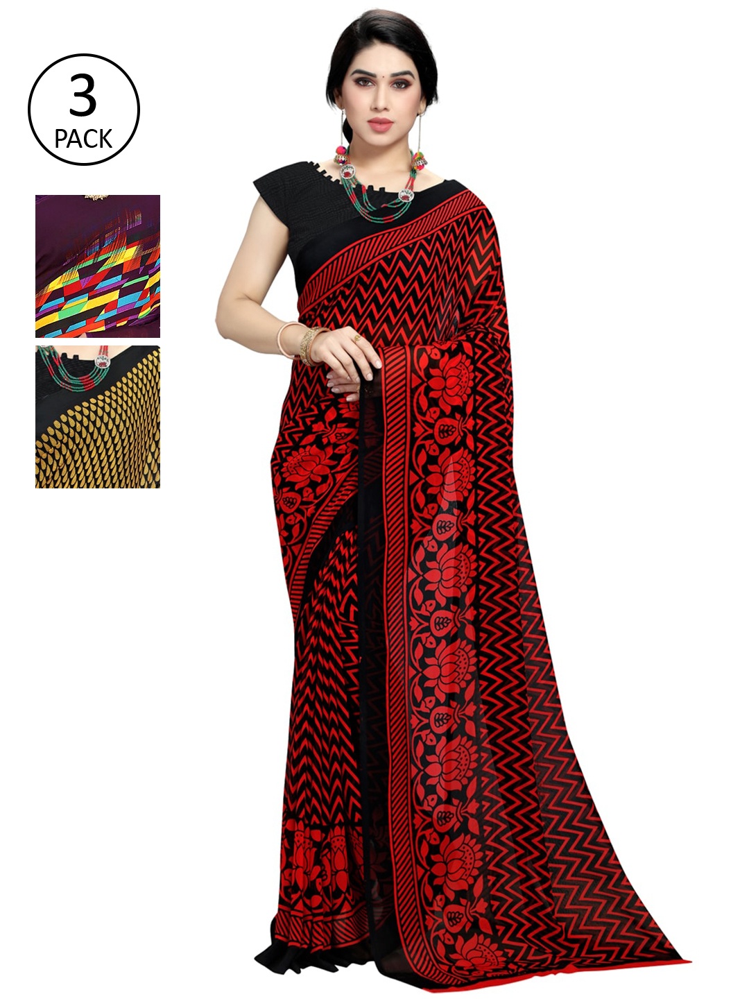 

KALINI Pack Of 3 Printed Sarees, Red