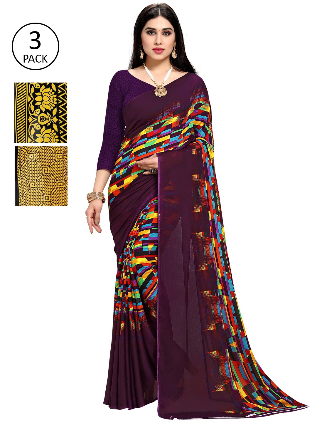 

KALINI Pack Of 3 Printed Saree, Purple