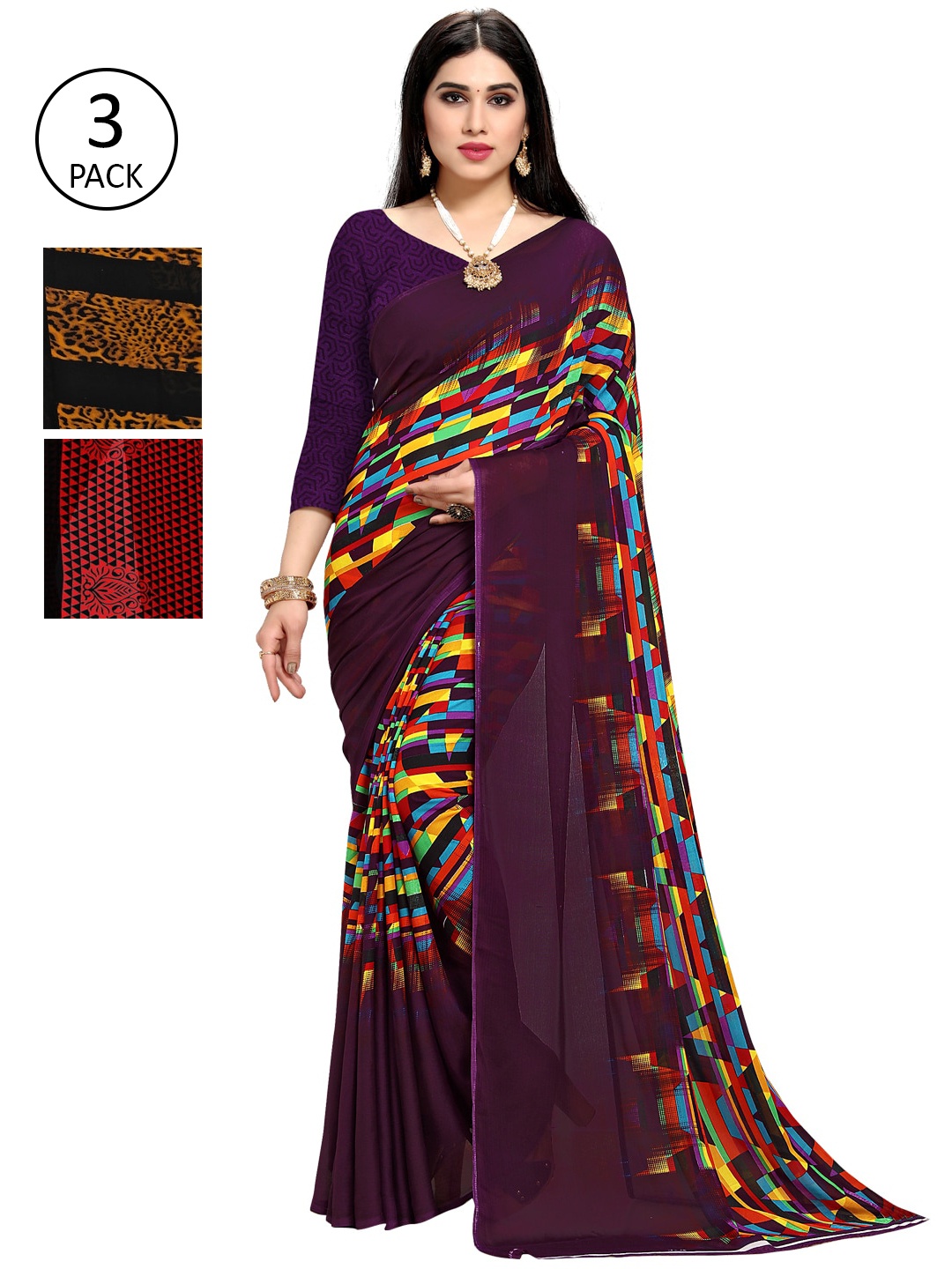 

KALINI Pack Of 3 Printed Saree, Purple