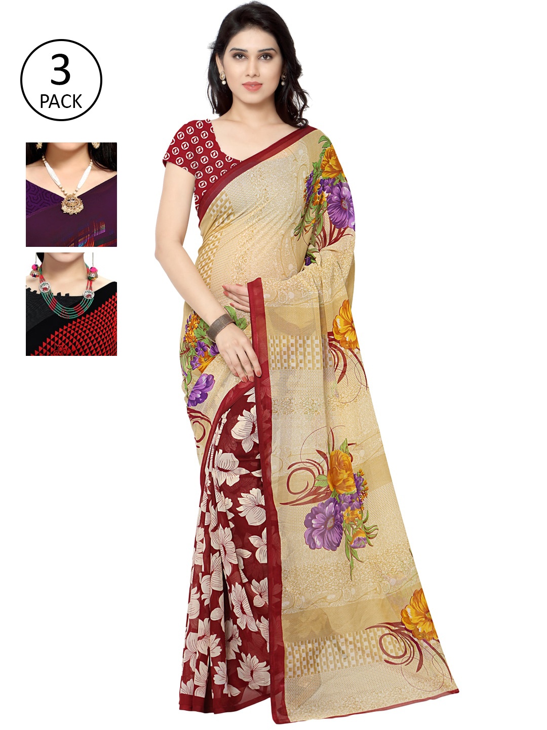 

KALINI Pack Of 3 Printed Sarees, Beige