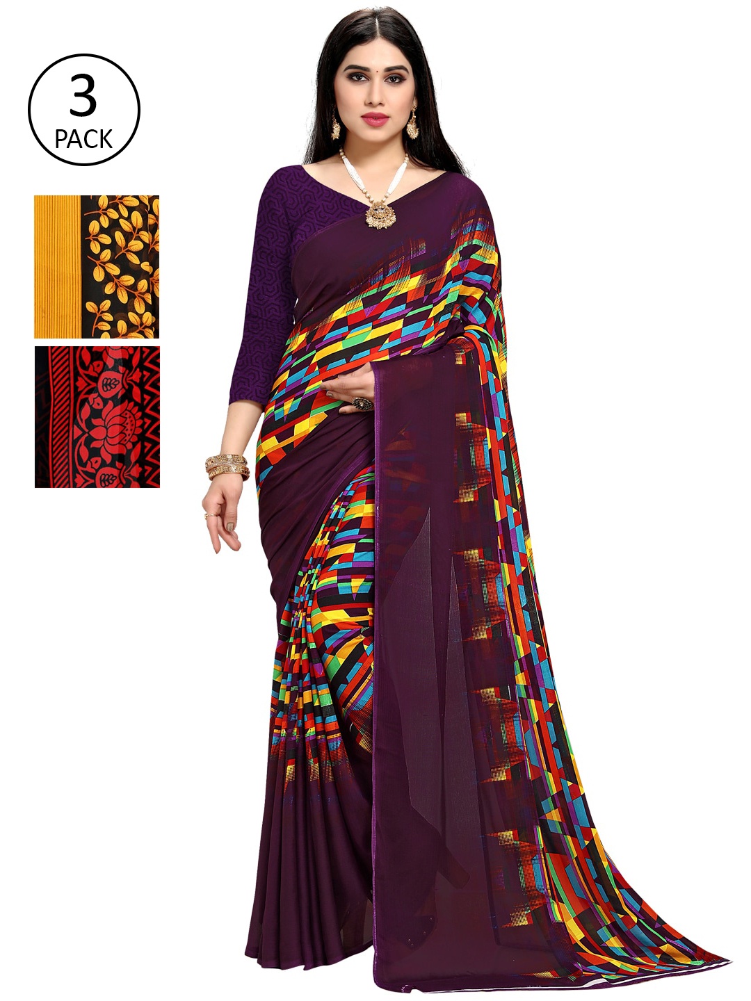 

KALINI Pack Of 3 Printed Saree, Purple