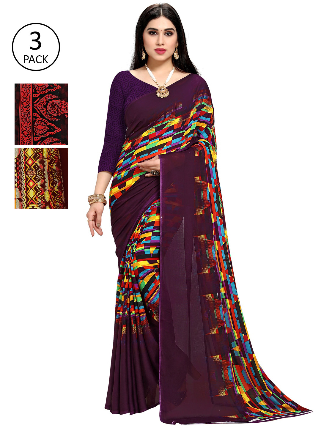

KALINI Pack Of 3 Printed Sarees, Purple