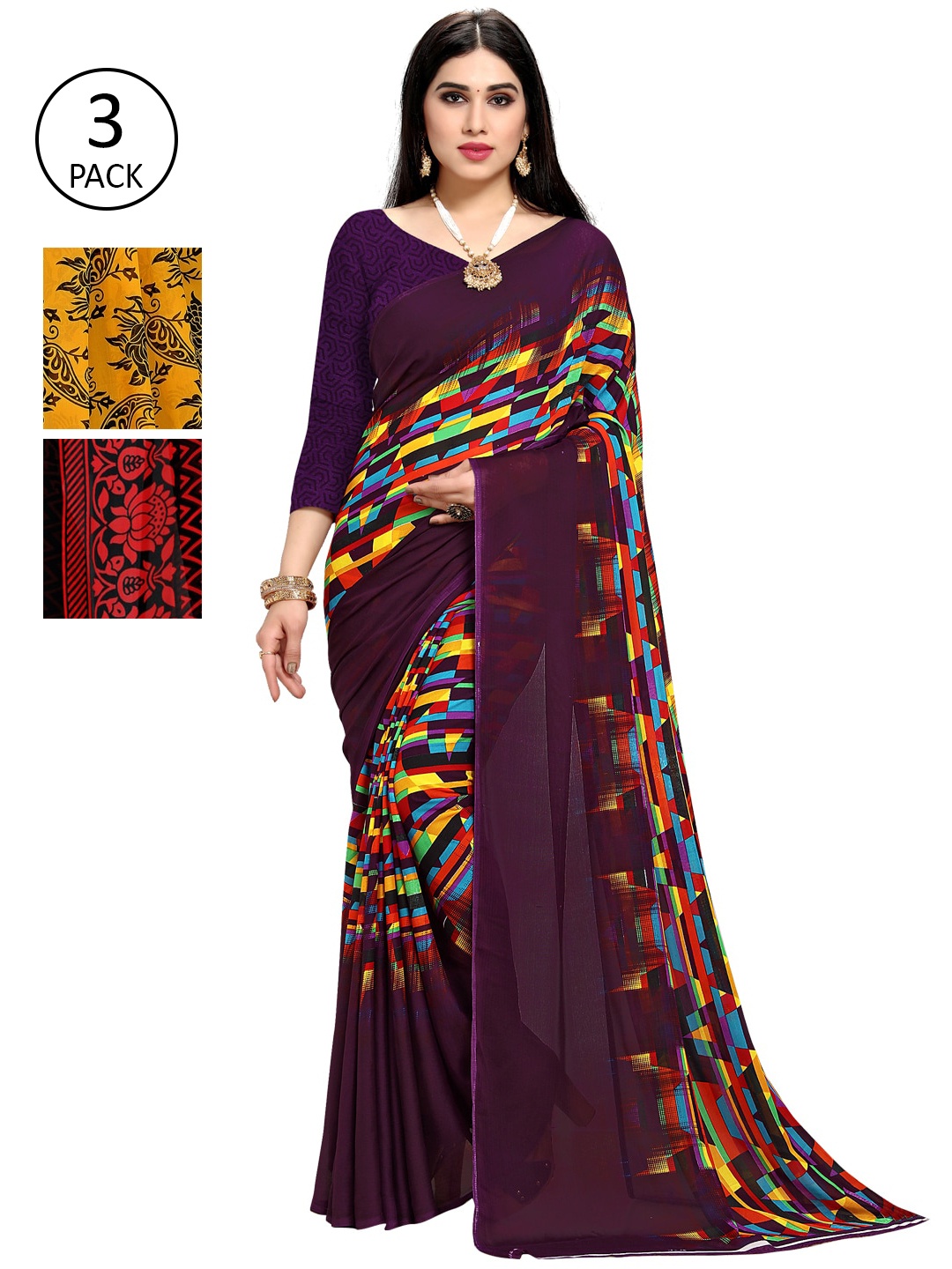 

KALINI Pack Of 3 Multicoloured Printed Sarees, Multi