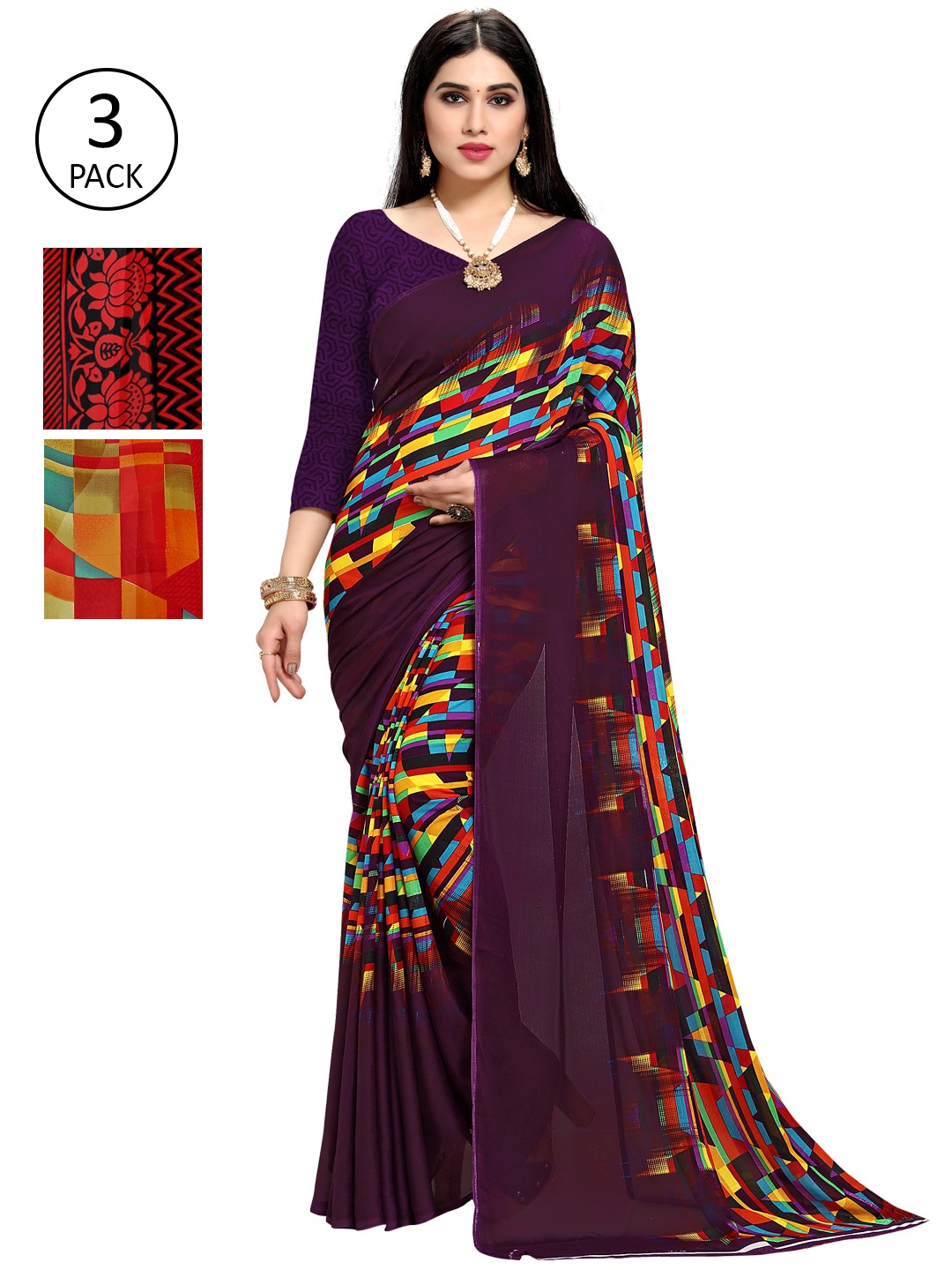 

KALINI Pack Of 3 Printed Saree, Purple