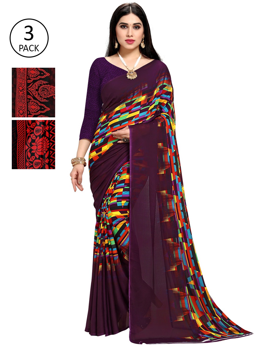 

KALINI Pack Of 3 Printed Saree, Purple