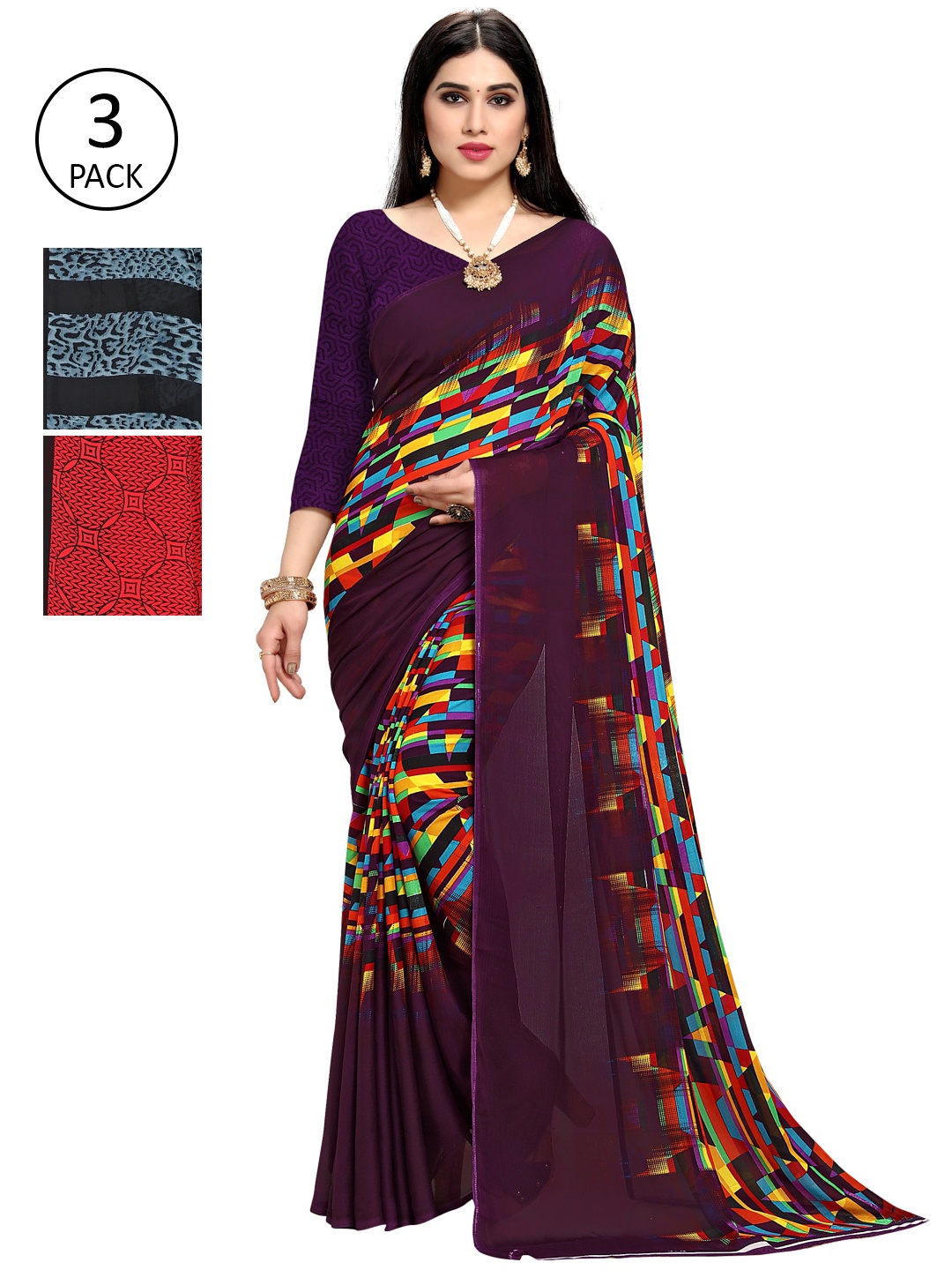 

KALINI Pack Of 3 Printed Sarees, Blue