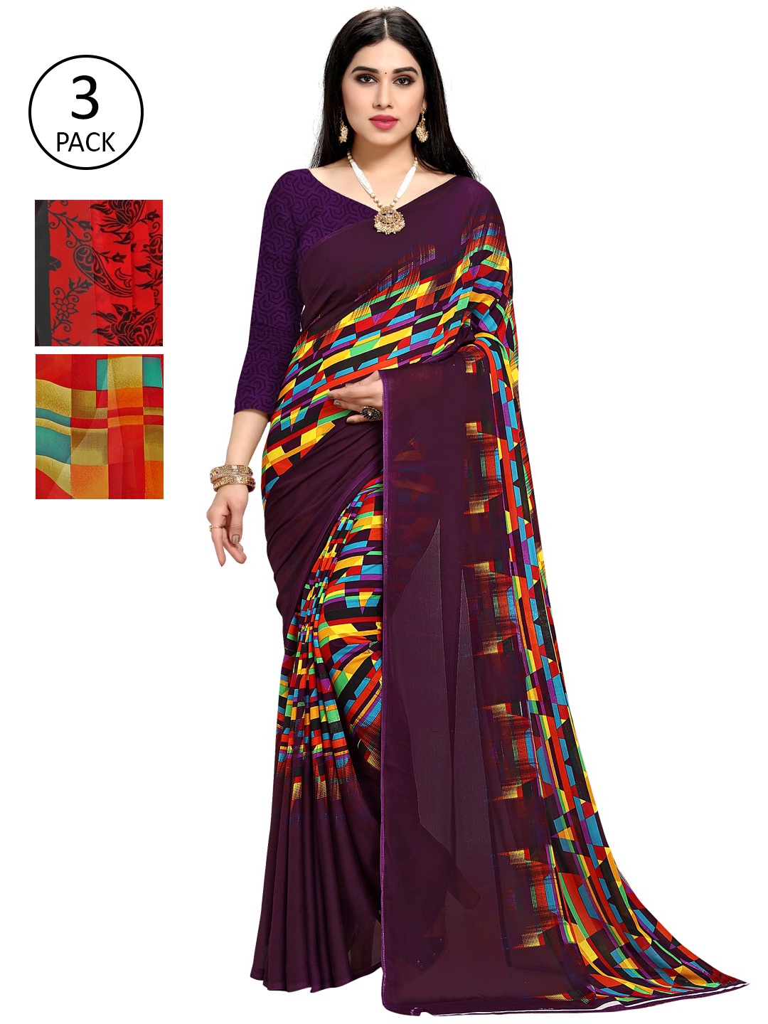 

KALINI Pack Of 3 Printed Saree, Purple