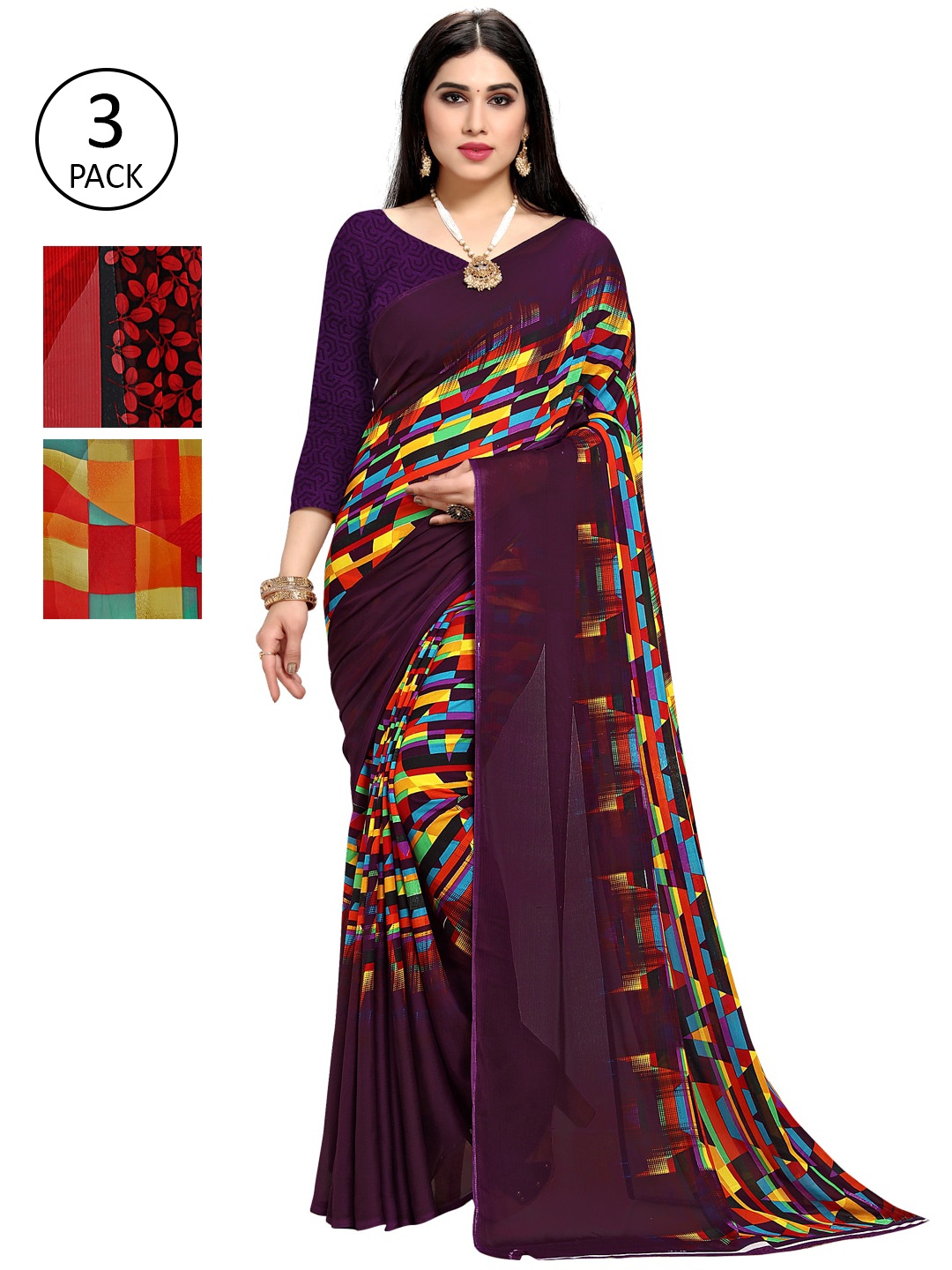 

KALINI Pack Of 3 Printed Saree, Purple