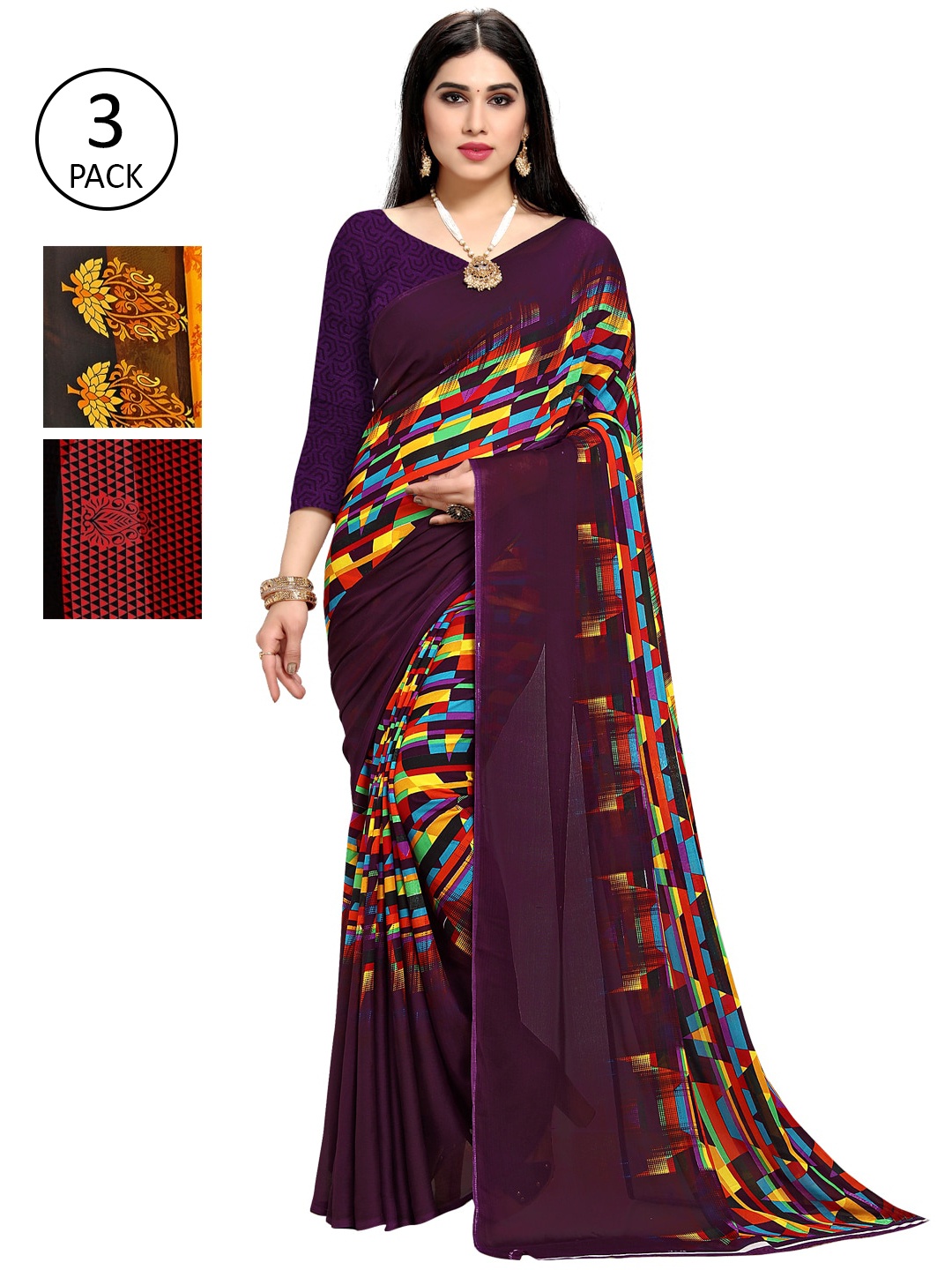 

KALINI Pack Of 3 Printed Sarees, Purple