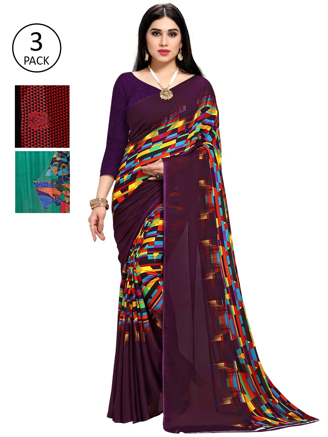 

KALINI Pack Of 3 Printed Saree, Purple