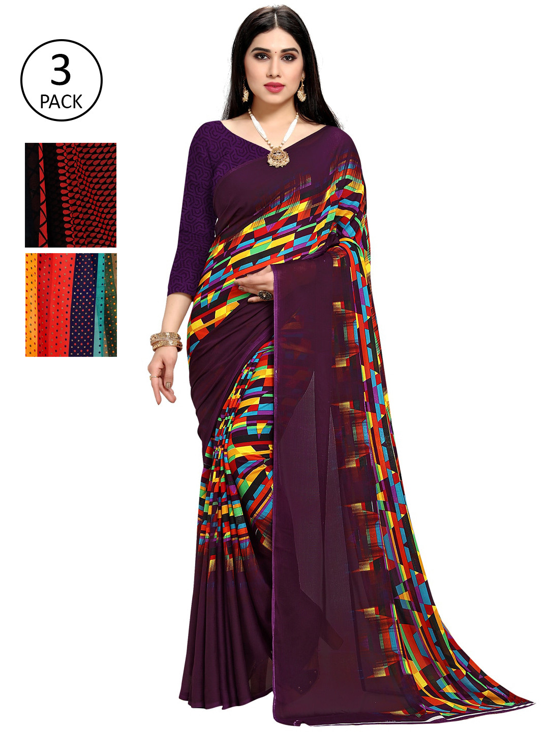 

KALINI Pack Of 3 Printed Saree, Purple