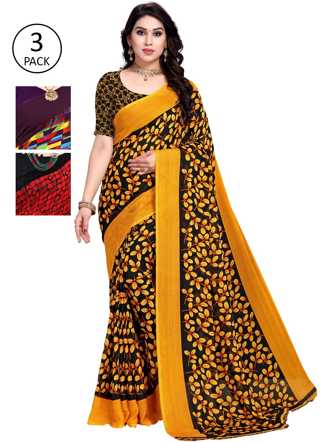 

KALINI Pack Of 3 Printed Sarees, Yellow