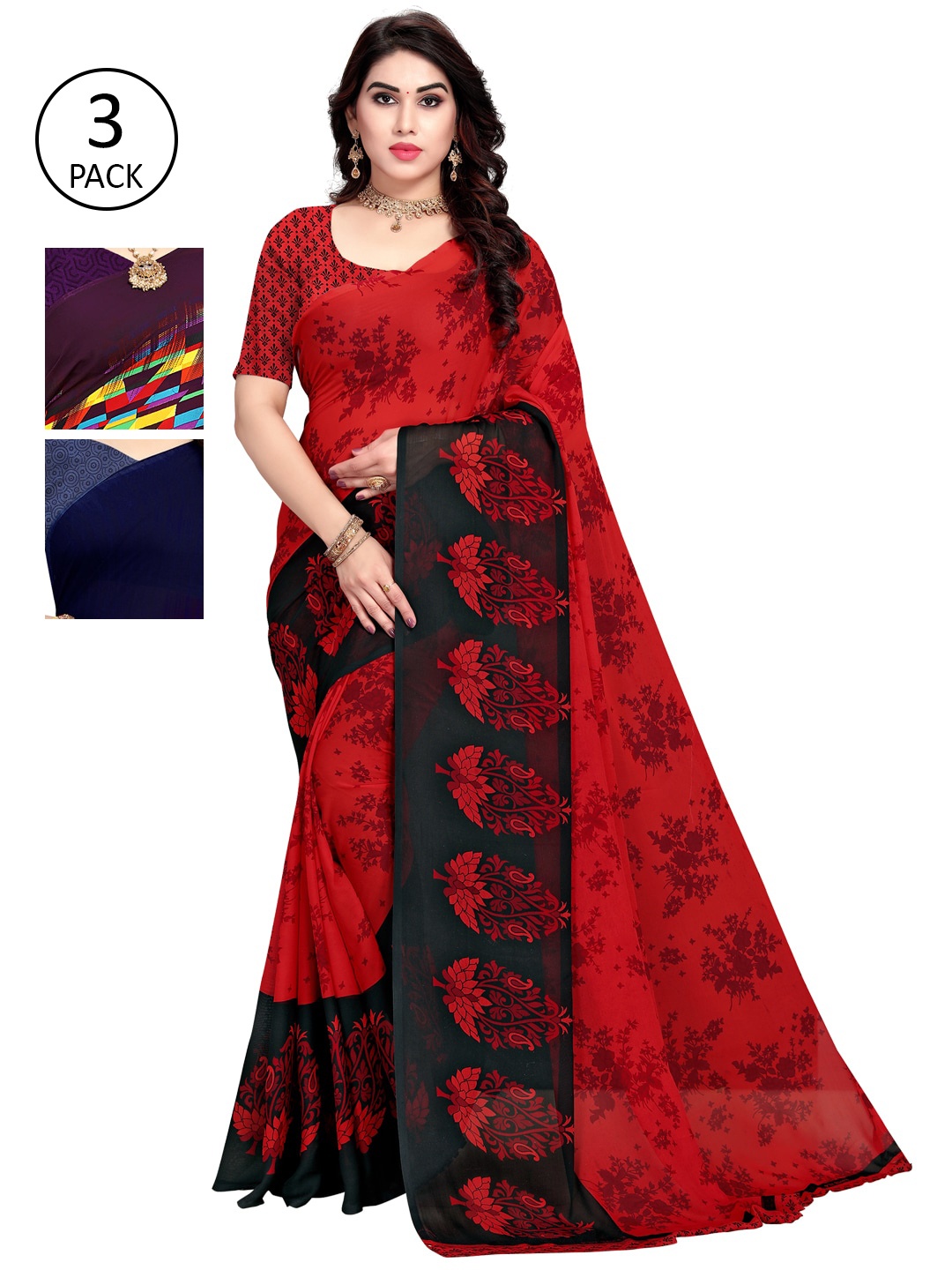 

KALINI Pack Of 3 Printed Saree, Red