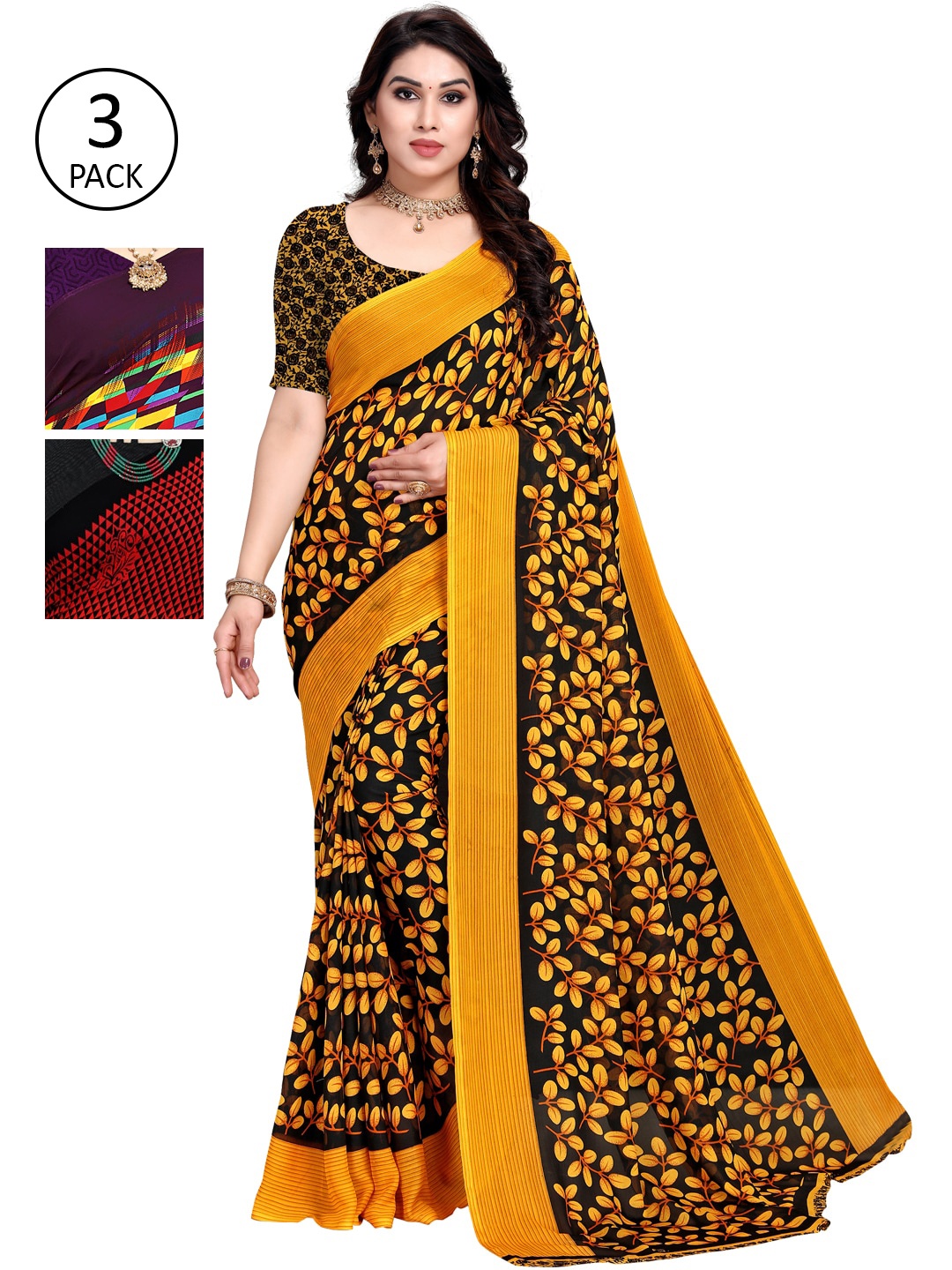 

KALINI Pack Of 3 Printed Sarees, Yellow