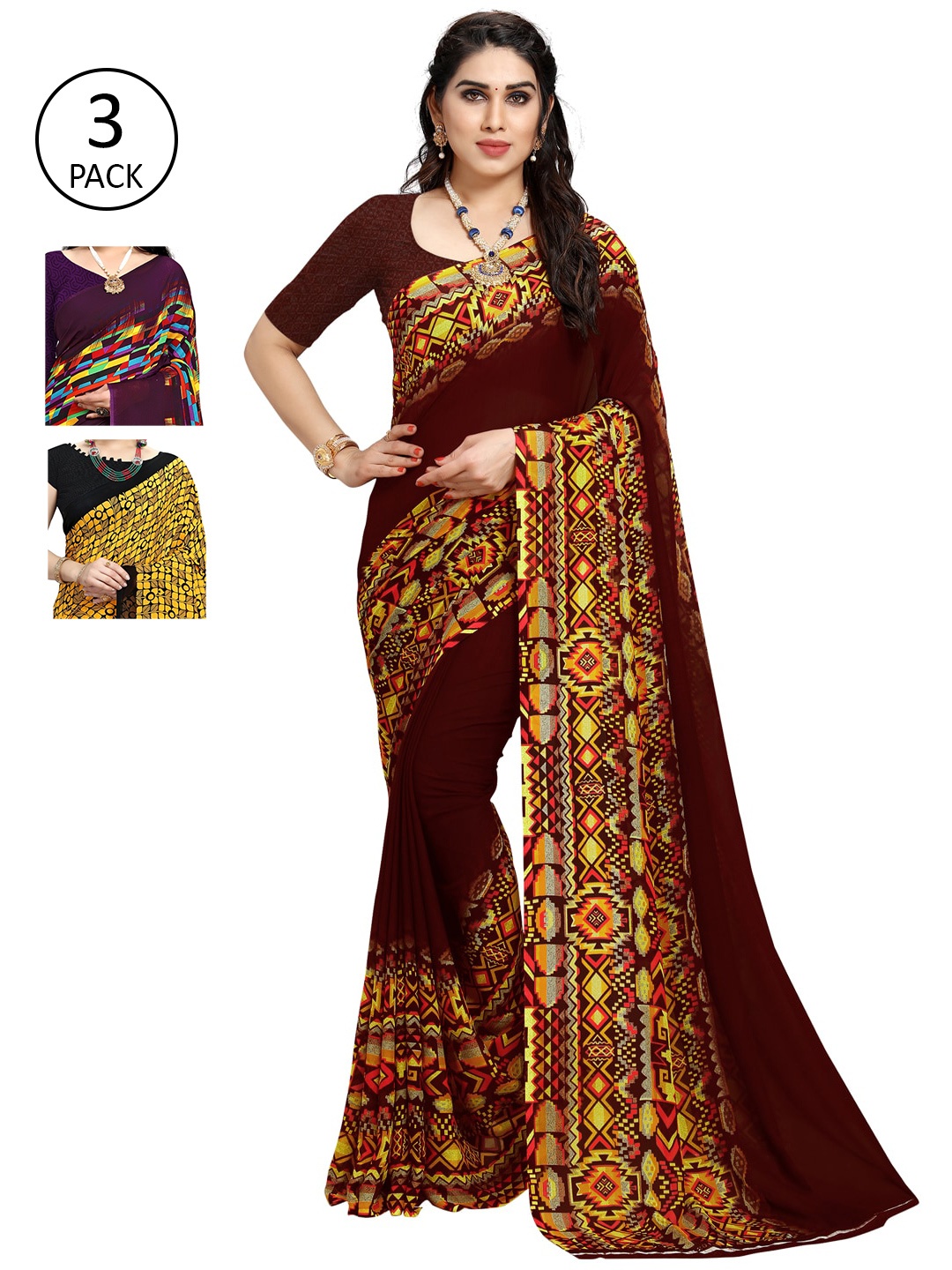

KALINI Pack Of 3 Printed Saree, Burgundy