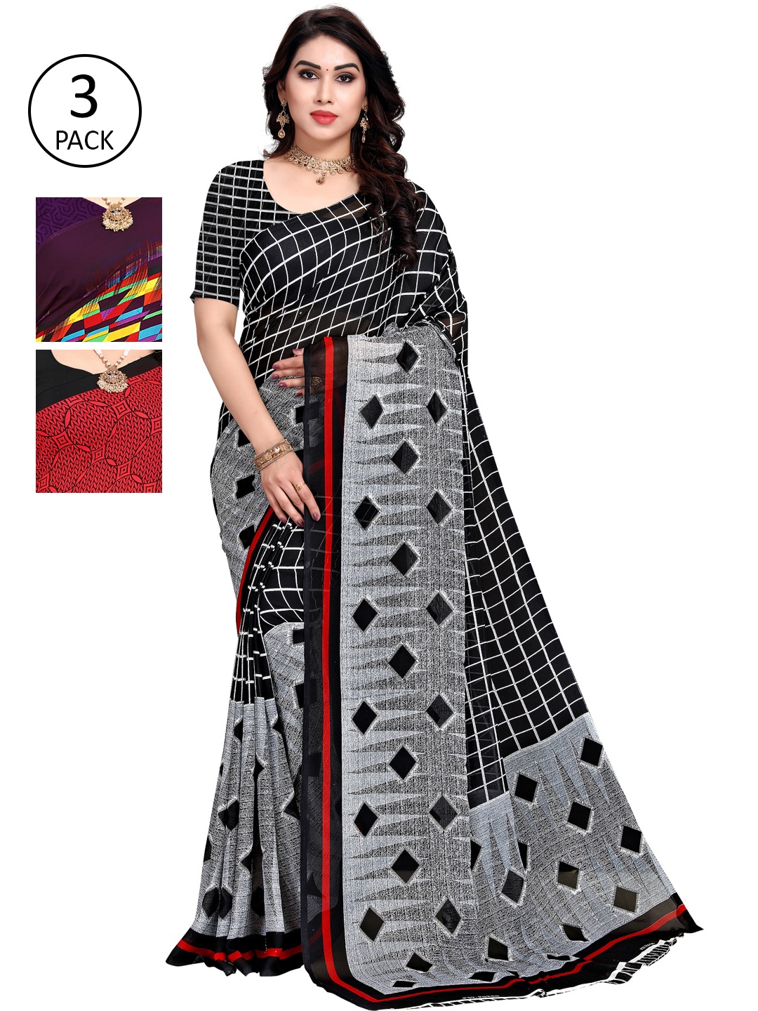 

KALINI Pack Of 3 Printed Saree, Purple