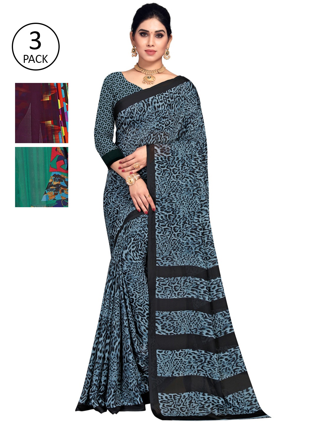 

KALINI Pack Of 3 Printed Sarees, Teal