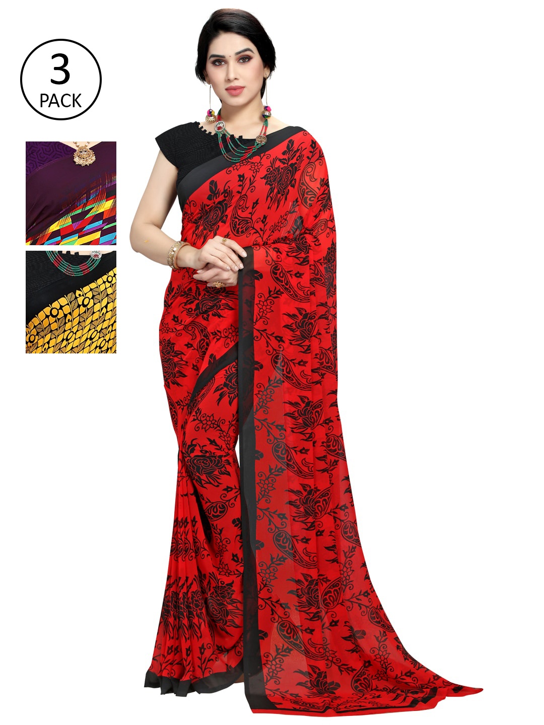 

KALINI Pack Of 3 Printed Saree, Red