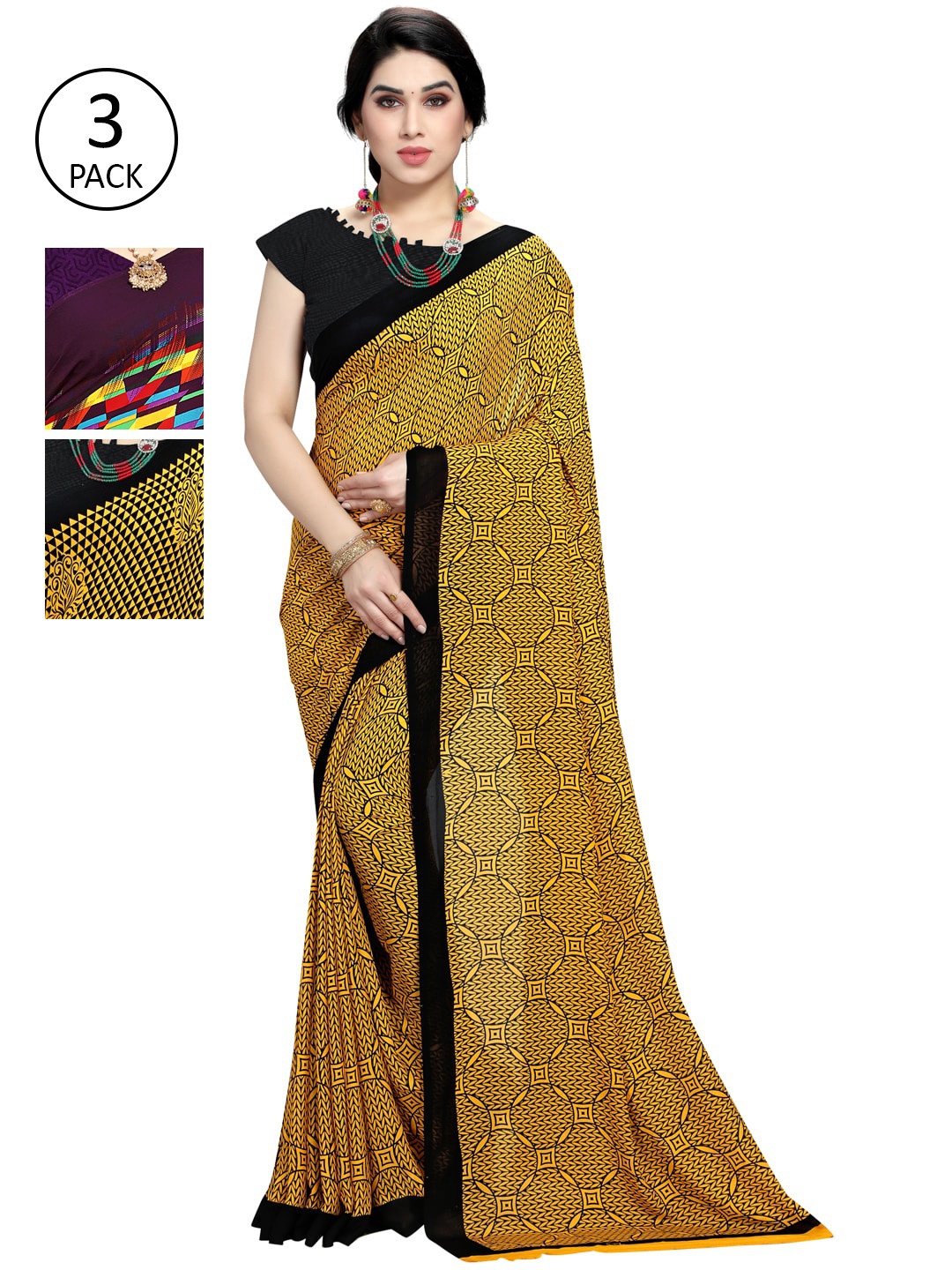 

KALINI Pack Of 3 Printed Sarees, Yellow