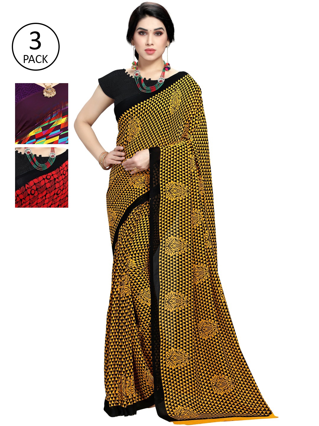 

KALINI Pack Of 3 Printed Sarees, Purple