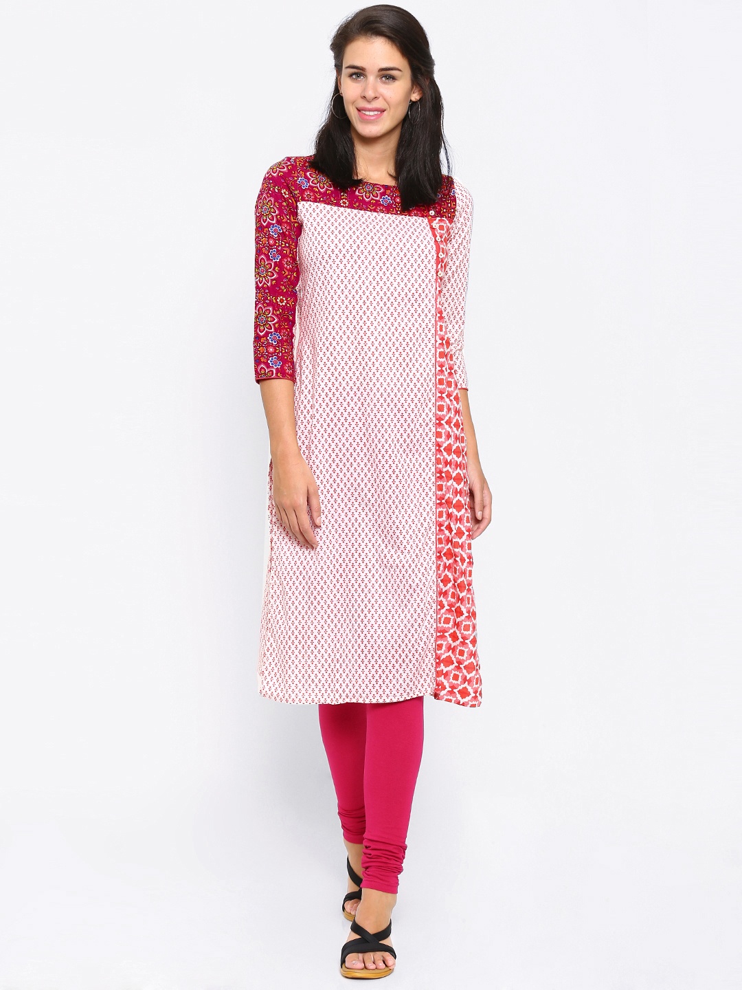 

Vishudh Women Off-White & Pink Printed Straight Kurta