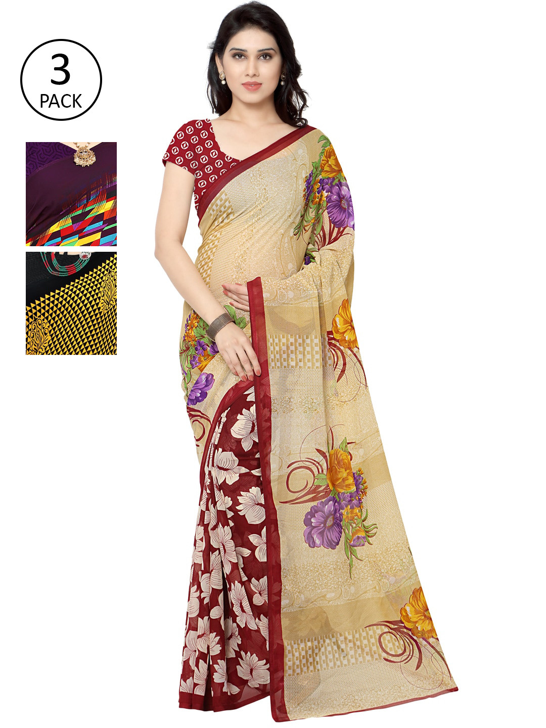

KALINI Pack Of 3 Printed Sarees, Beige