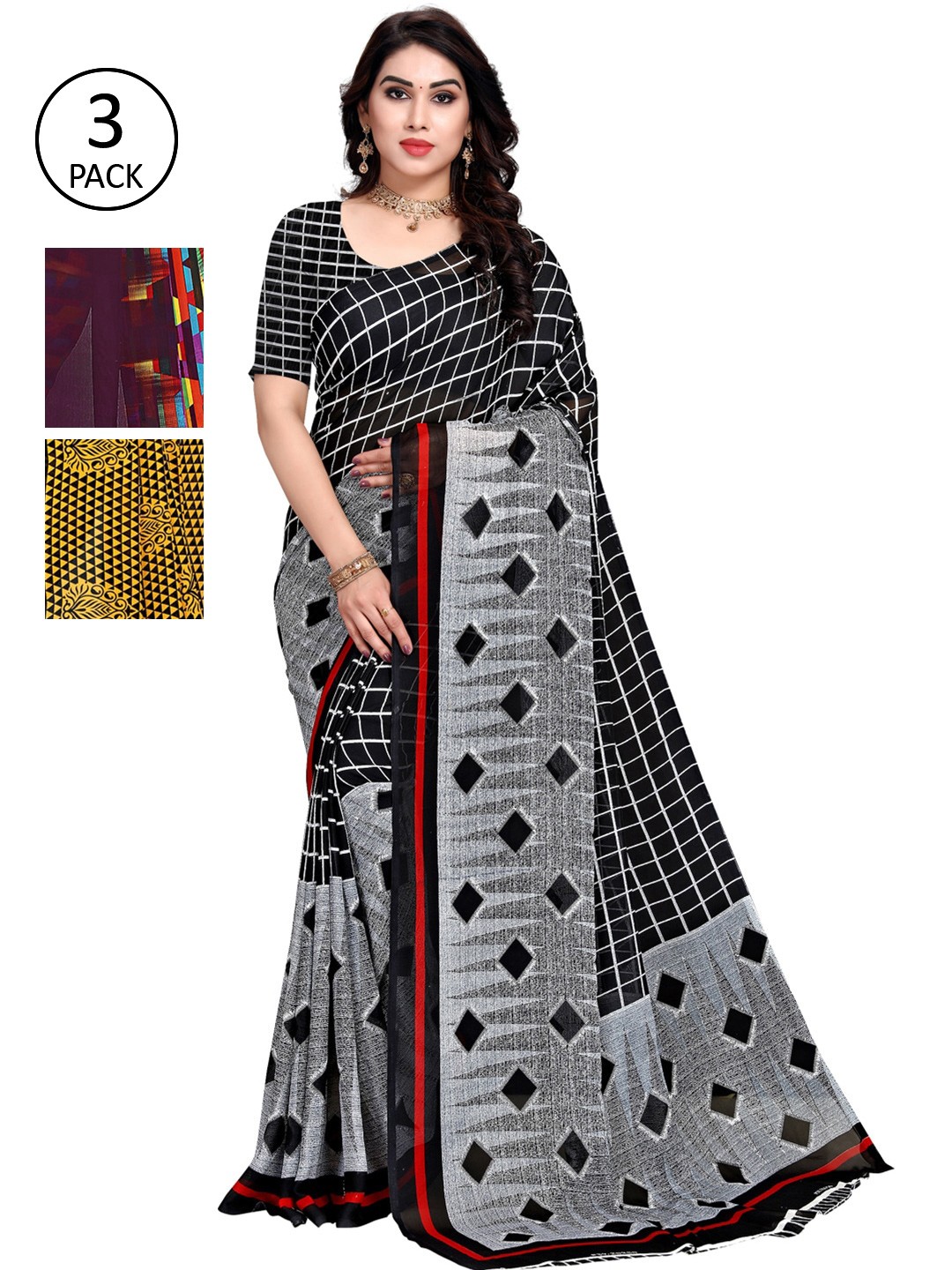 

KALINI Pack Of 3 Printed Sarees, Purple