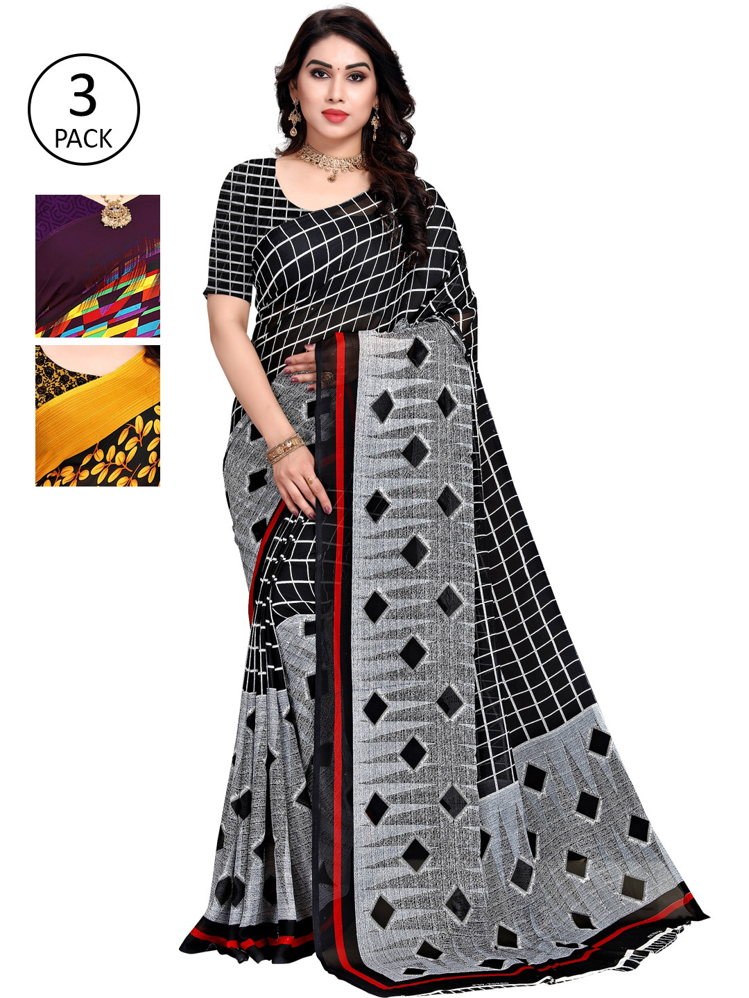 

KALINI Pack Of 3 Printed Saree, Grey