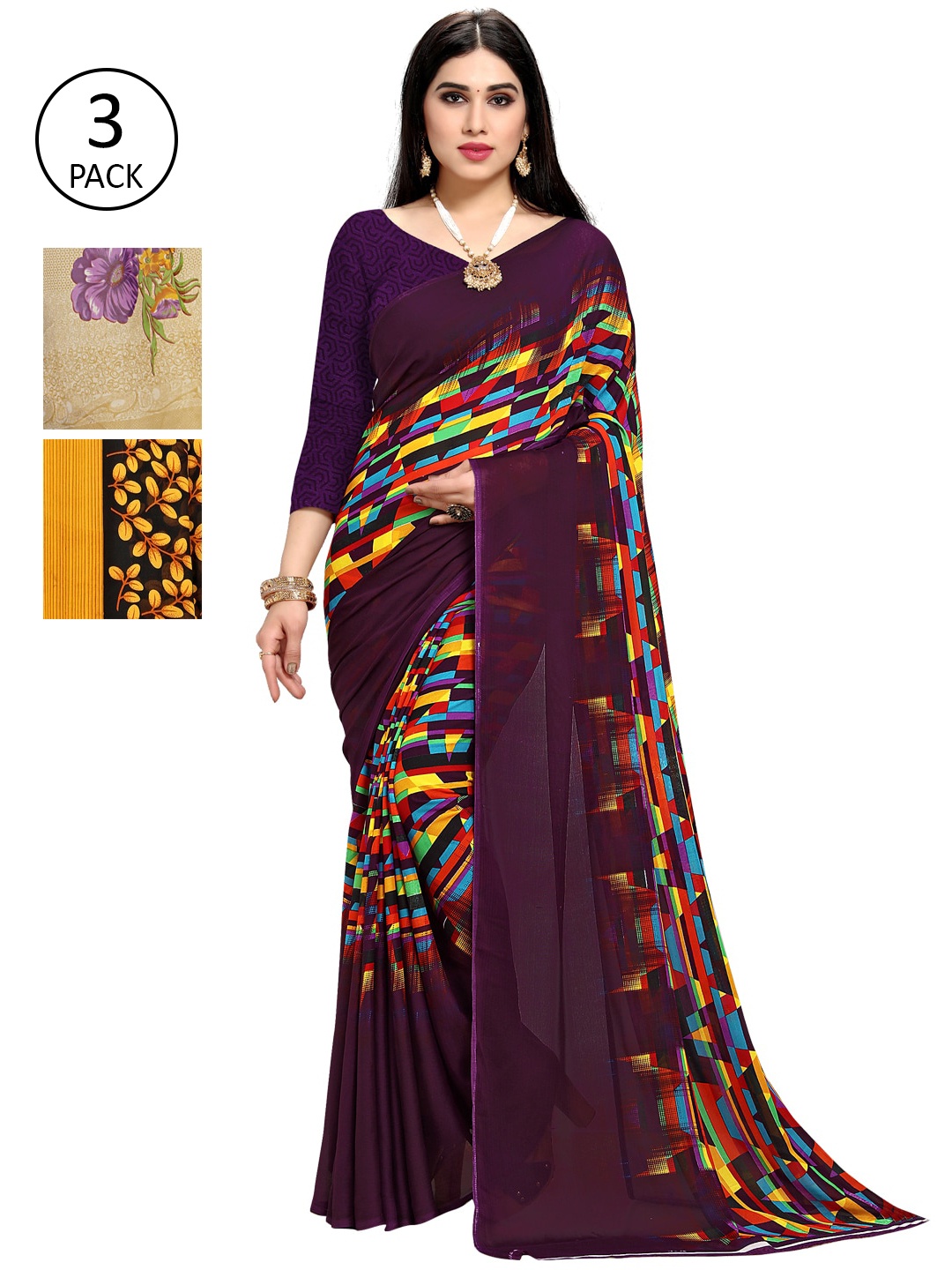 

KALINI Pack Of 3 Printed Sarees, Purple