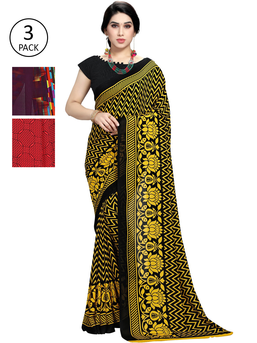 

KALINI Pack Of 3 Printed Sarees, Yellow