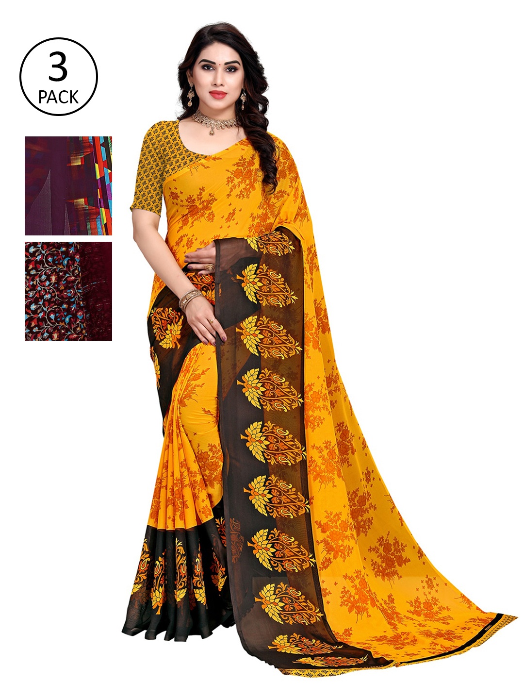 

KALINI Pack Of 3 Printed Saree, Yellow