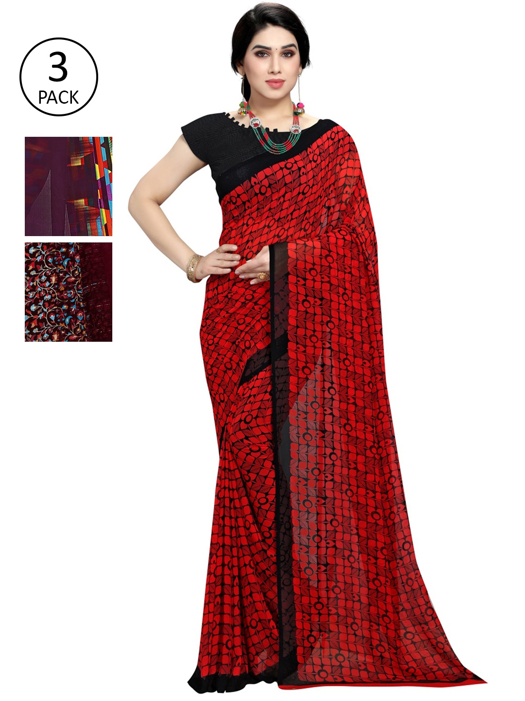 

KALINI Pack Of 3 Printed Sarees, Red