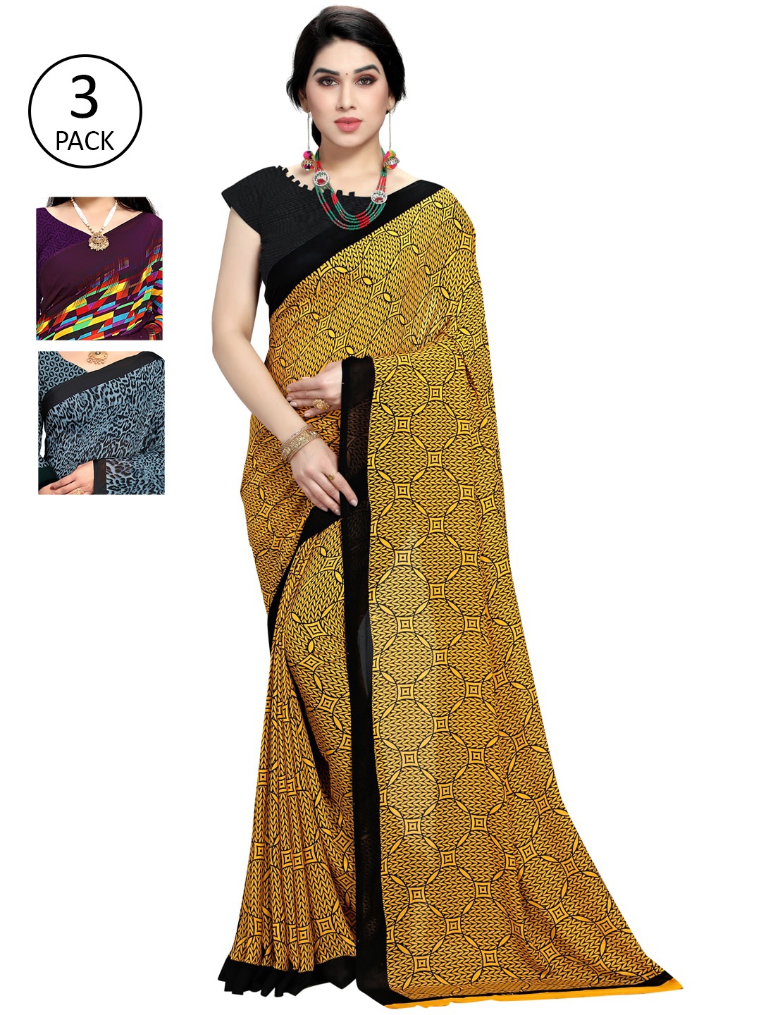 

KALINI Pack Of 3 Printed Sarees, Yellow