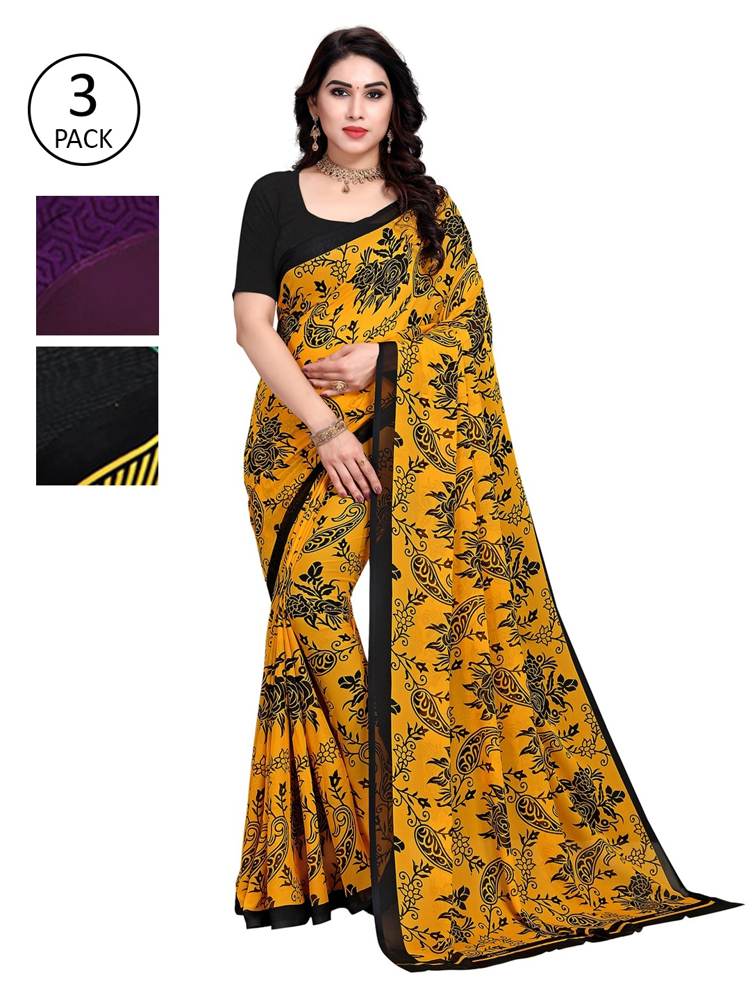 

KALINI Pack Of 3 Printed Sarees, Yellow