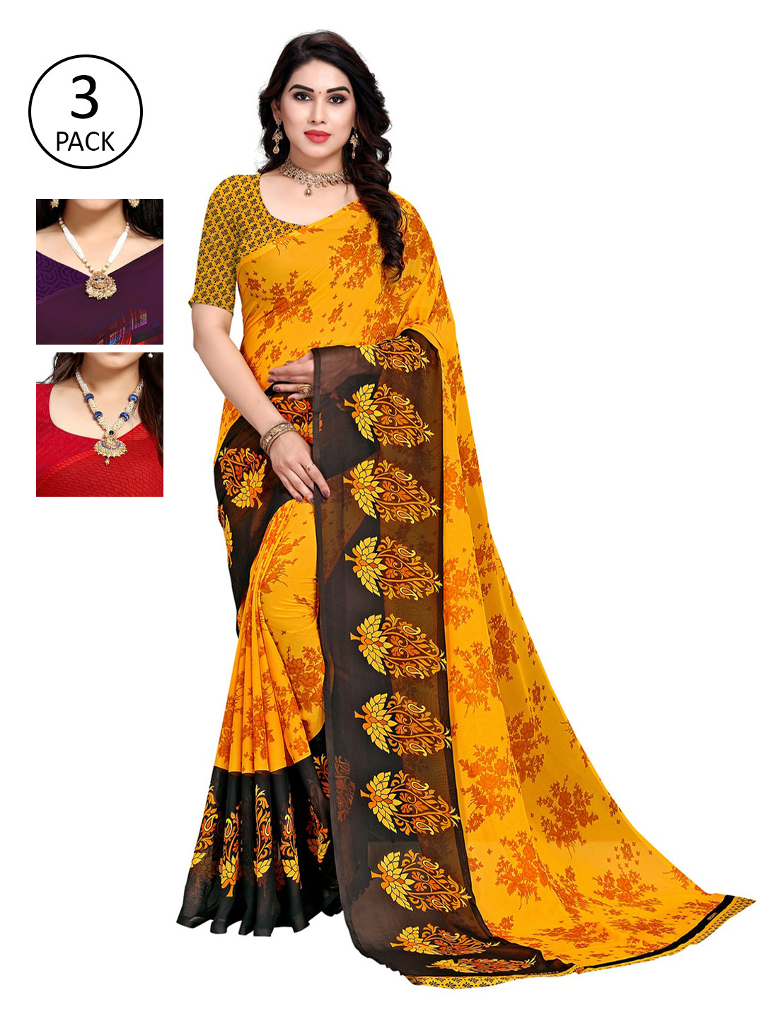 

KALINI Pack Of 3 Printed Sarees, Yellow
