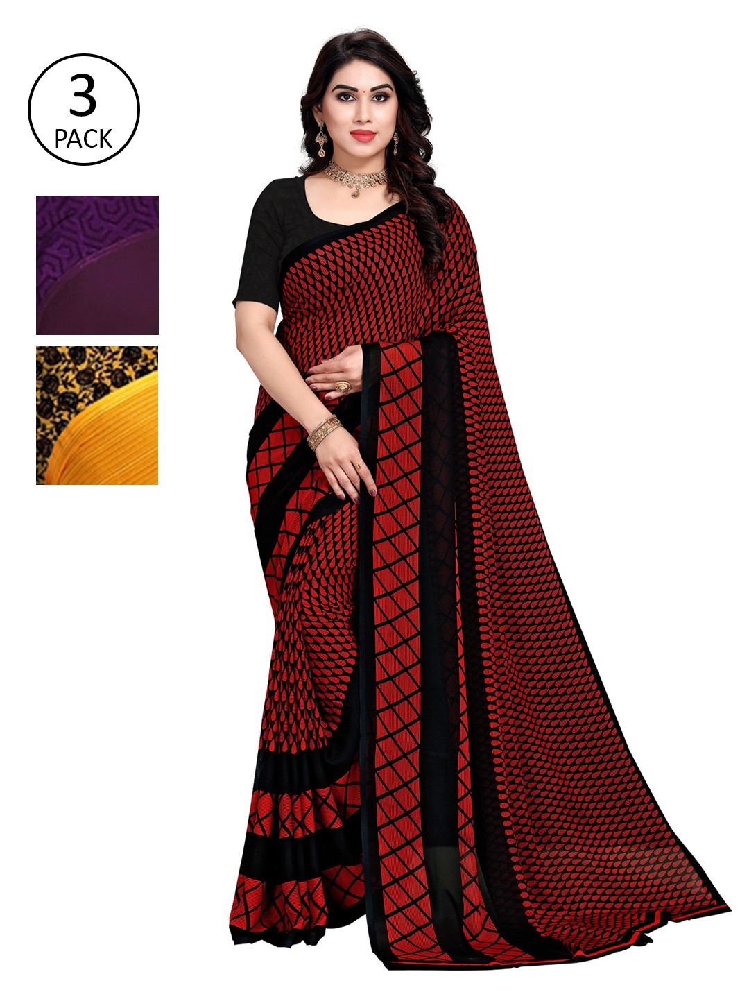 

KALINI Pack Of 3 Printed Sarees, Red