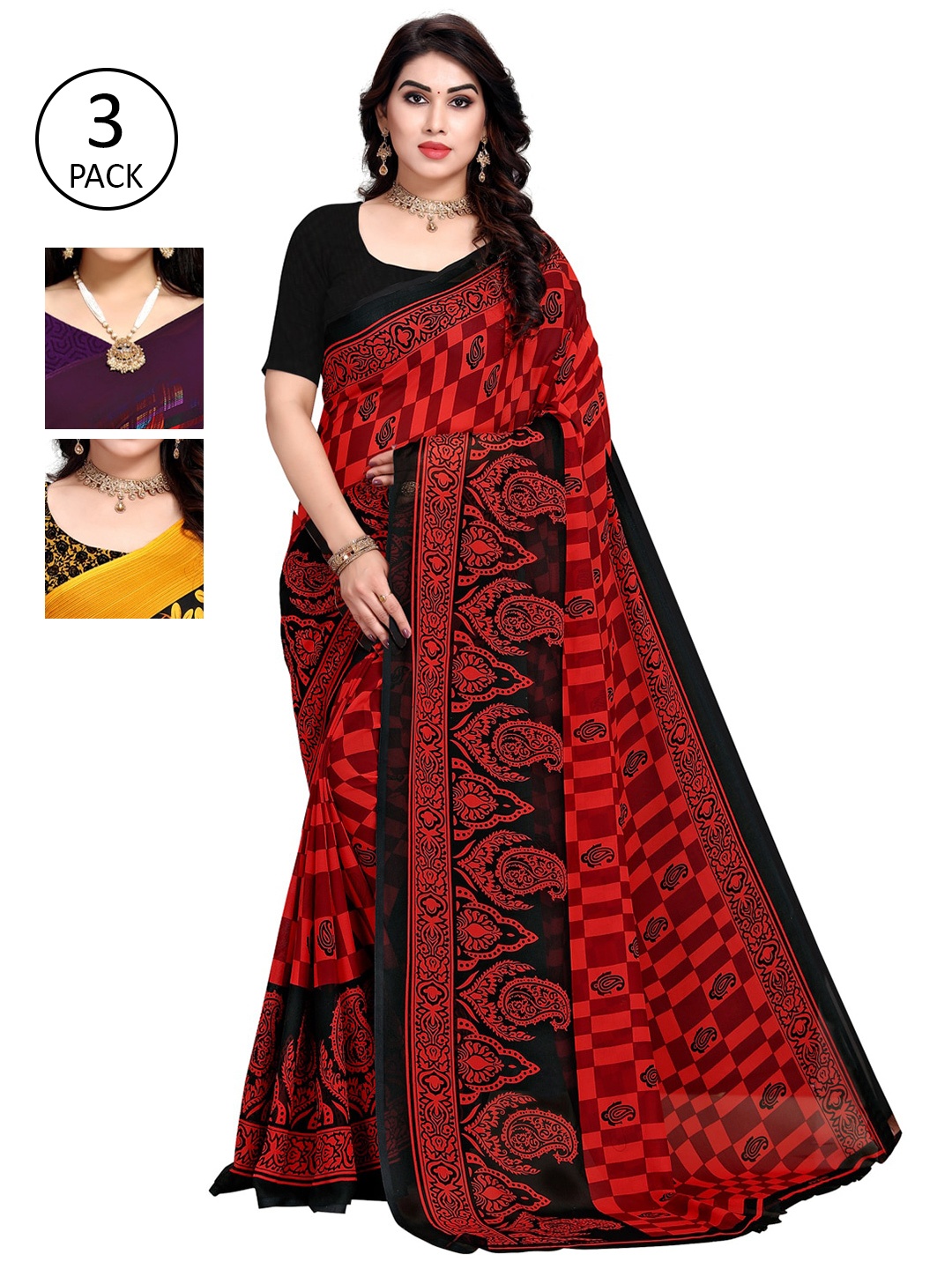 

KALINI Pack Of 3 Printed Saree, Red